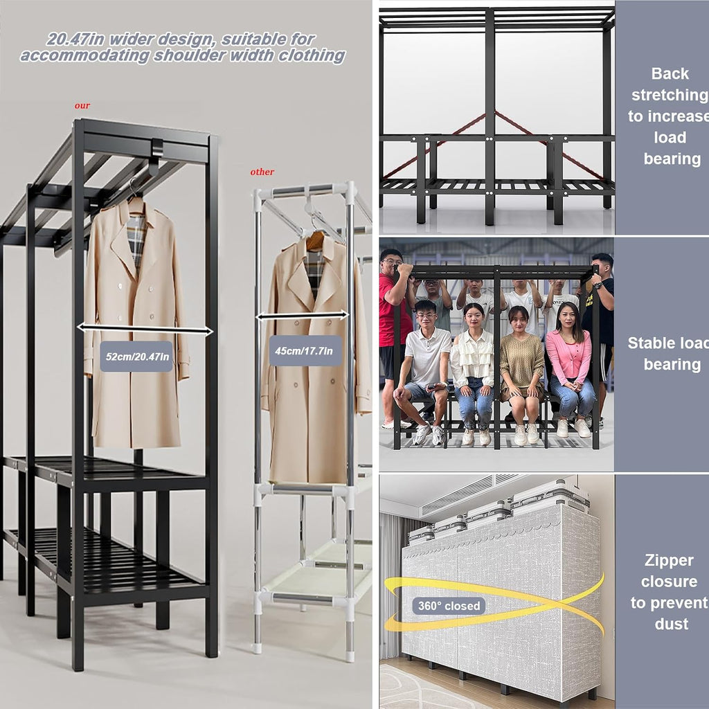 Heavy-Duty Portable Wardrobe Closet Rack with Cover, Freestanding Clothes Organizer System - 1100lbs Capacity, Enclosed Curtain Armoires for Bedroom
