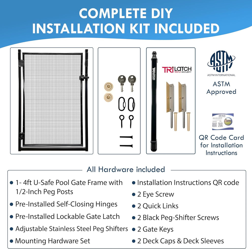 All Safe Pool Fence Door Gate Kit - 4-Foot Black Self-Closing Pool Gate for Decks, Lockable & Easy DIY Installation - Safety Swimming Pool Gate for Kids & Inground Pool Fencing, Durable U-Safe Frame