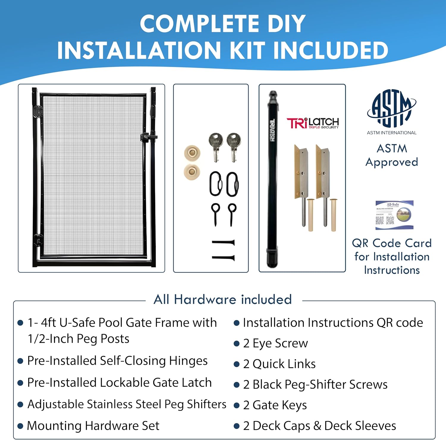 All Safe Pool Fence Door Gate Kit - 4-Foot Black Self-Closing Pool Gate for Decks, Lockable & Easy DIY Installation - Safety Swimming Pool Gate for Kids & Inground Pool Fencing, Durable U-Safe Frame