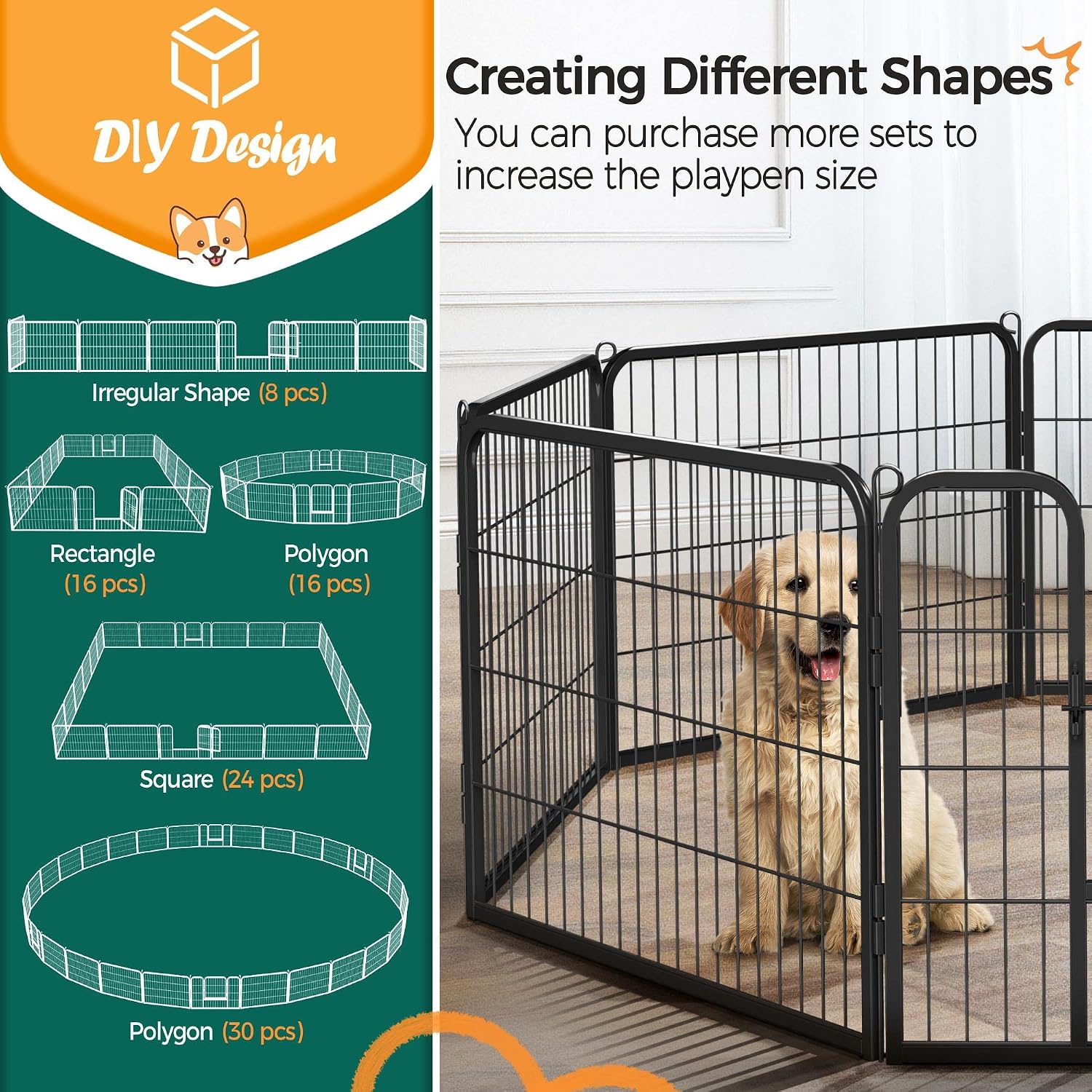 Yaheetech Wide Panel Dog Playpen, 16 Panels 24 inch High Pet Pen with Gate, Portable Indoor Outdoor Fence for Small/Medium Breed Dogs