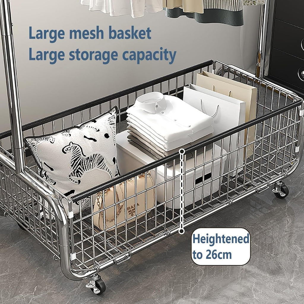 Clothes Rack With Storage Basket,Garment Racks With Wheel,Large Metal Rolling Clothing Racks For Hanging Clothes,Shirts Jeans And Coats(White,60cm/23.6in)