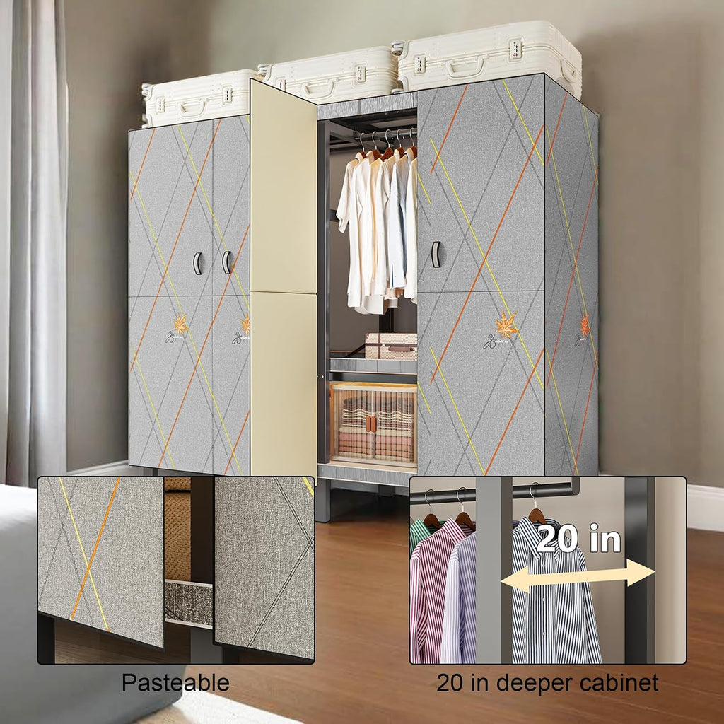 Portable Wardrobe Closet, Heavy Duty Clothing Rack for Hanging Clothes, Metal Clothes Rack with Cover and Hanging Rods, Freestanding Wardrobe Armoire Load 1000 LBS (Door Style 49 inches/125cm)