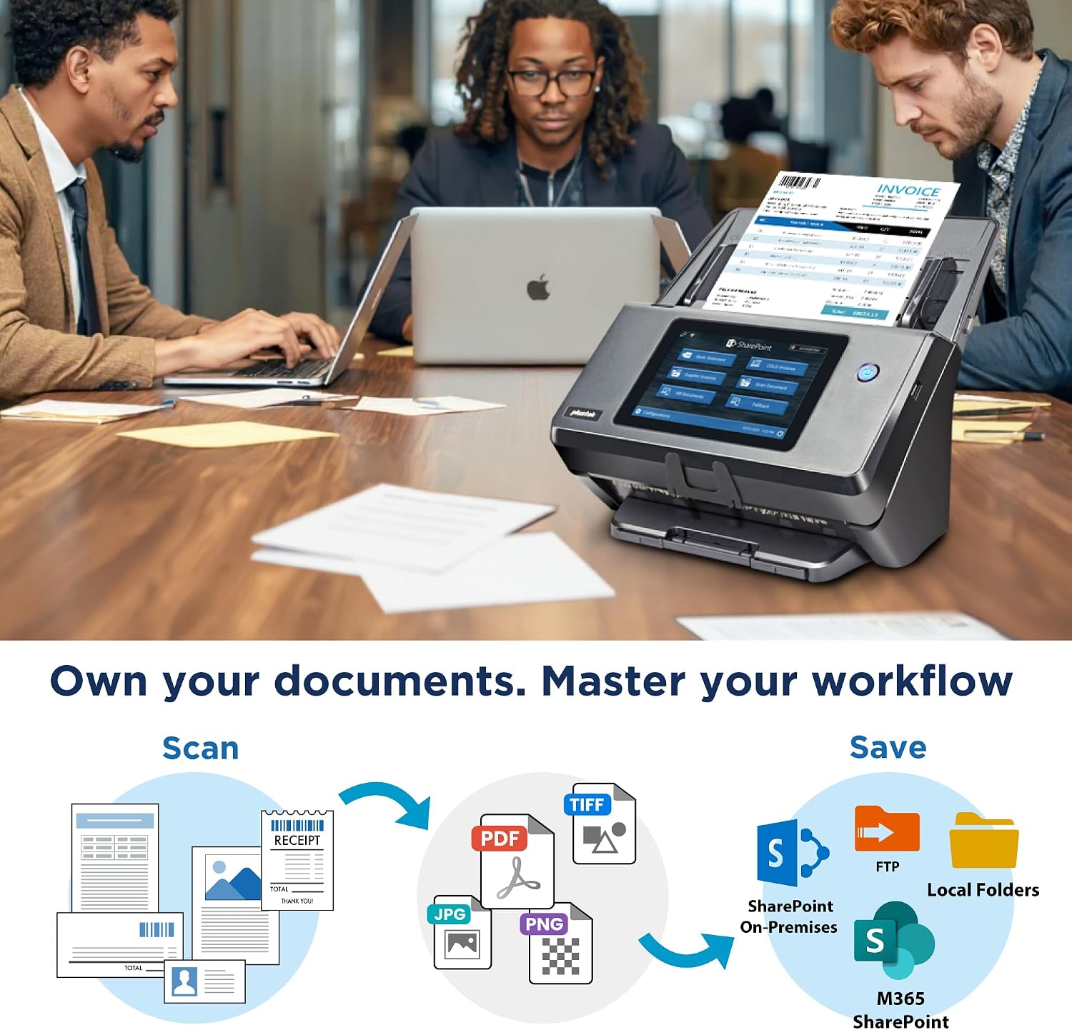 Plustek eScan A450 Pro Network Scanner, PC-Free Standalone, Direct Scan to SharePoint, Built-in OCR with autofill Columns, Easy Deployment, Remote IT Management, Wireless & Ethernet
