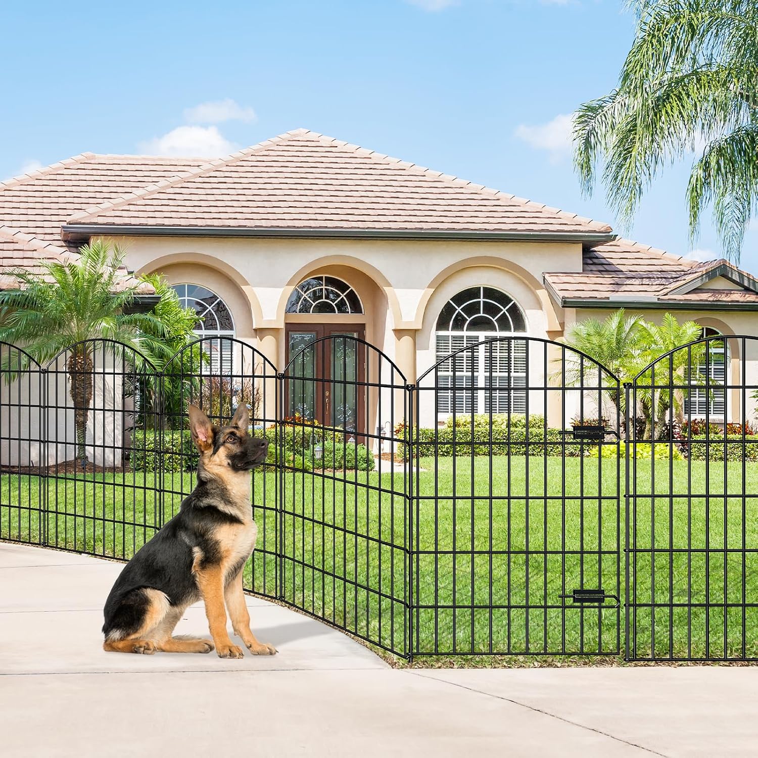 FOREHOGAR Metal Garden Fence with Gate 42in (H) x 23.3ft (L), 1 Gate+ 9 Panels Dog Fence Border Fence Animal Barrier, No Dig Garden Fencing for Yard Flower Bed Lawn Patio Outdoor, ECG4210, Black