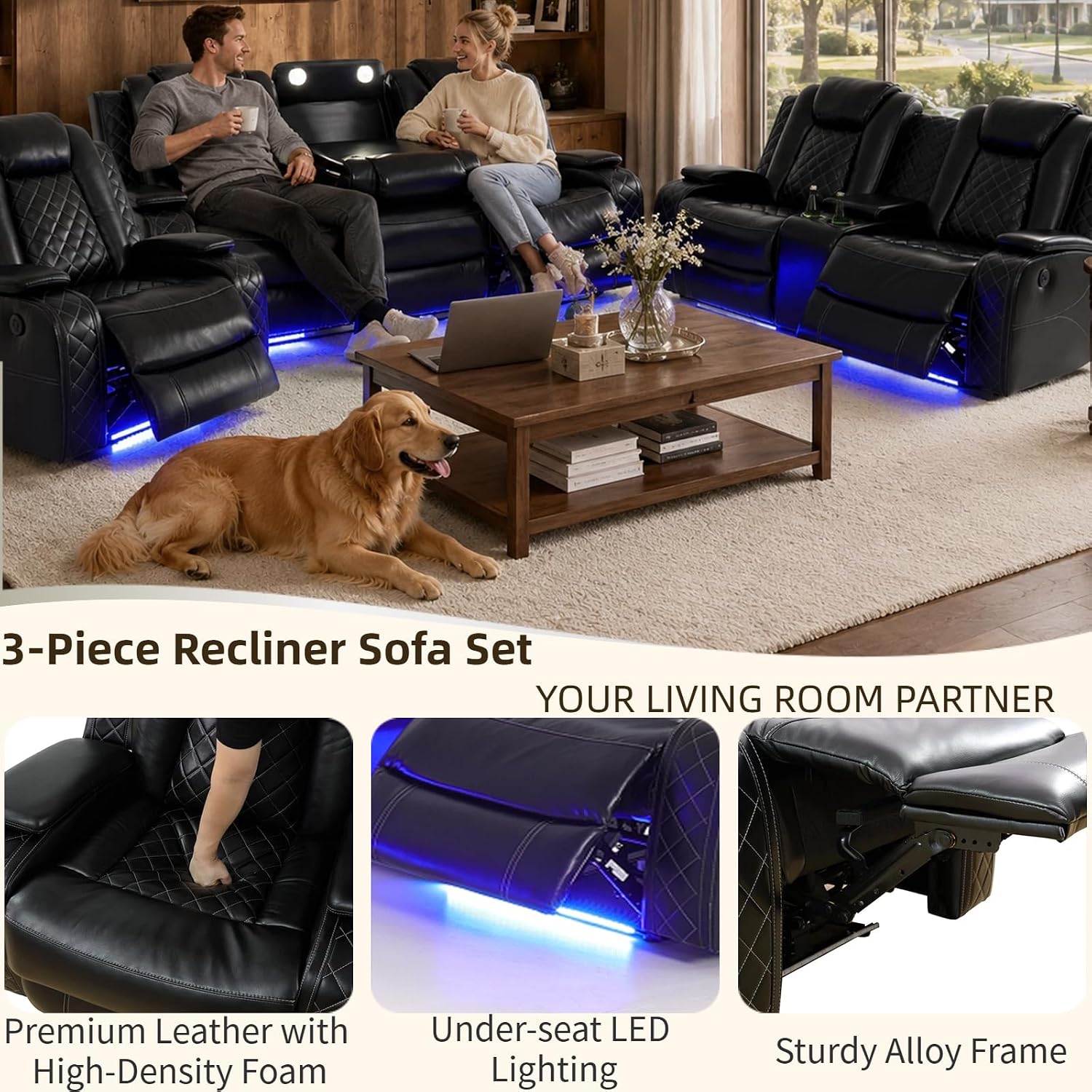Pon Living Luxurious Leather Reclining Sofa Set with LED, Power Recliner Sofa & Loveseat Set, Living Room Furniture Sets with Cup Holders/USB Port & Storage Consoles for House/Home Theater