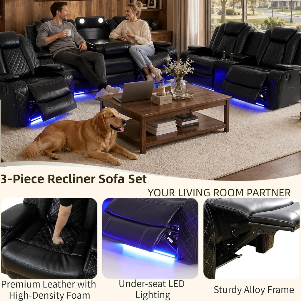 Pon Living Luxurious Leather Reclining Sofa Set with LED, Power Recliner Sofa Set, Living Room Furniture Sets with Cup Holders/USB Port & Storage Consoles for House/Home Theater
