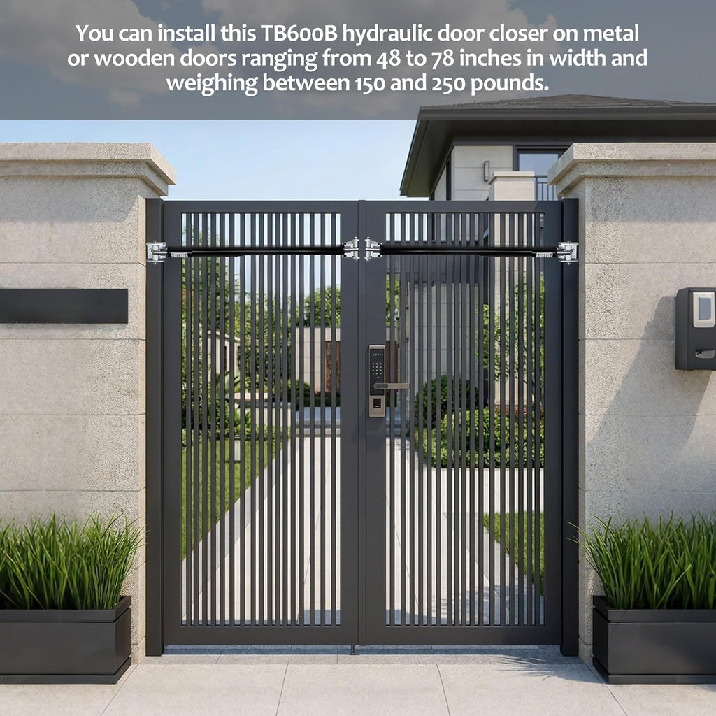 TB600 Outdoor Heavy Duty Gate Closer for 150 to 250 Pounds – Upgraded Hydraulic Gate Closer, Fits 48–78 Inch Gates – Ideal for Farm, Backyard, Pool, and Property Fencing (Black)