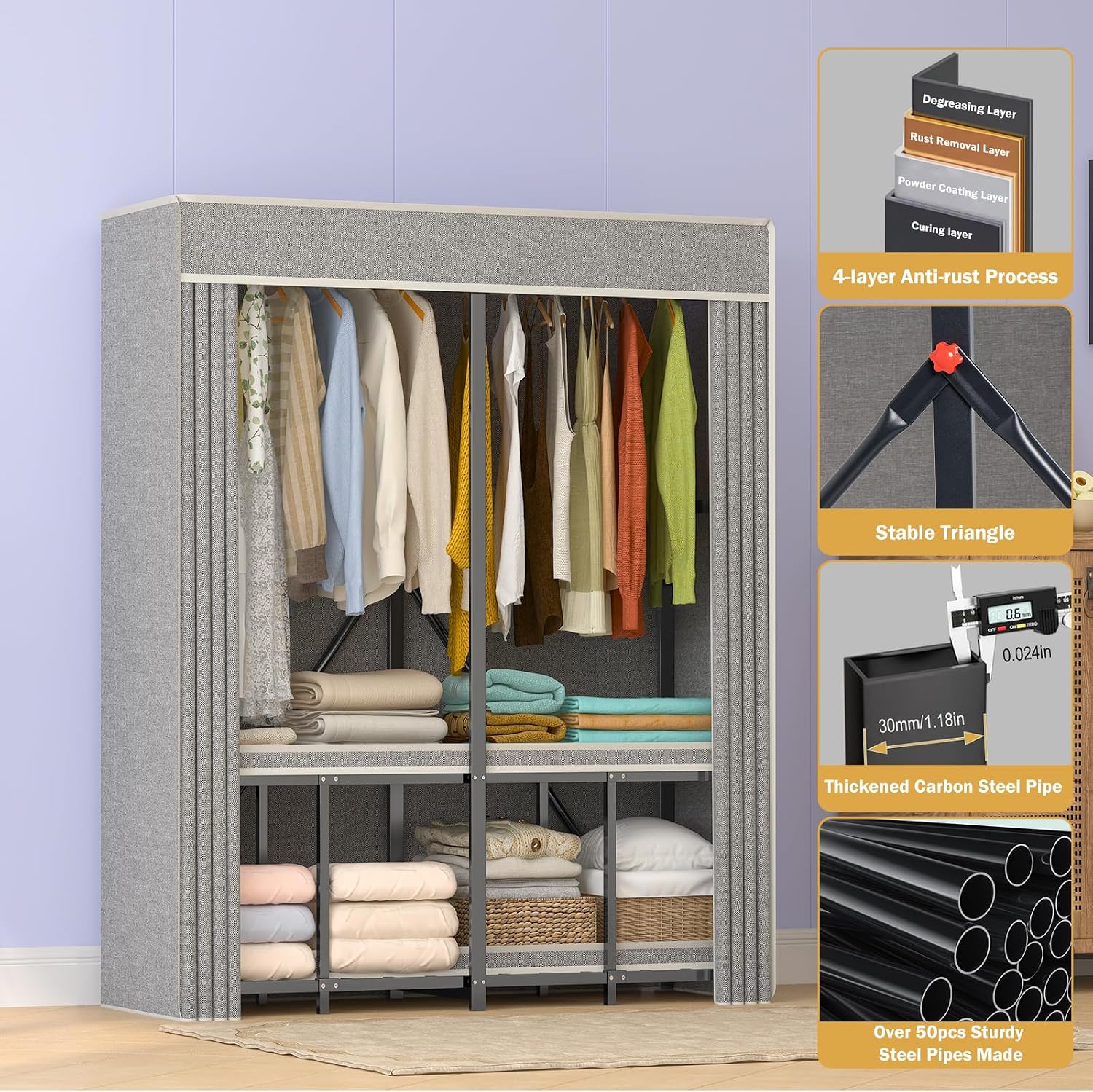 Heavy Duty Clothing Racks for Hanging Clothes with Cover, 95% Assembled Freestanding Foldable Portable Clothes Rack, 59'Lx70 H