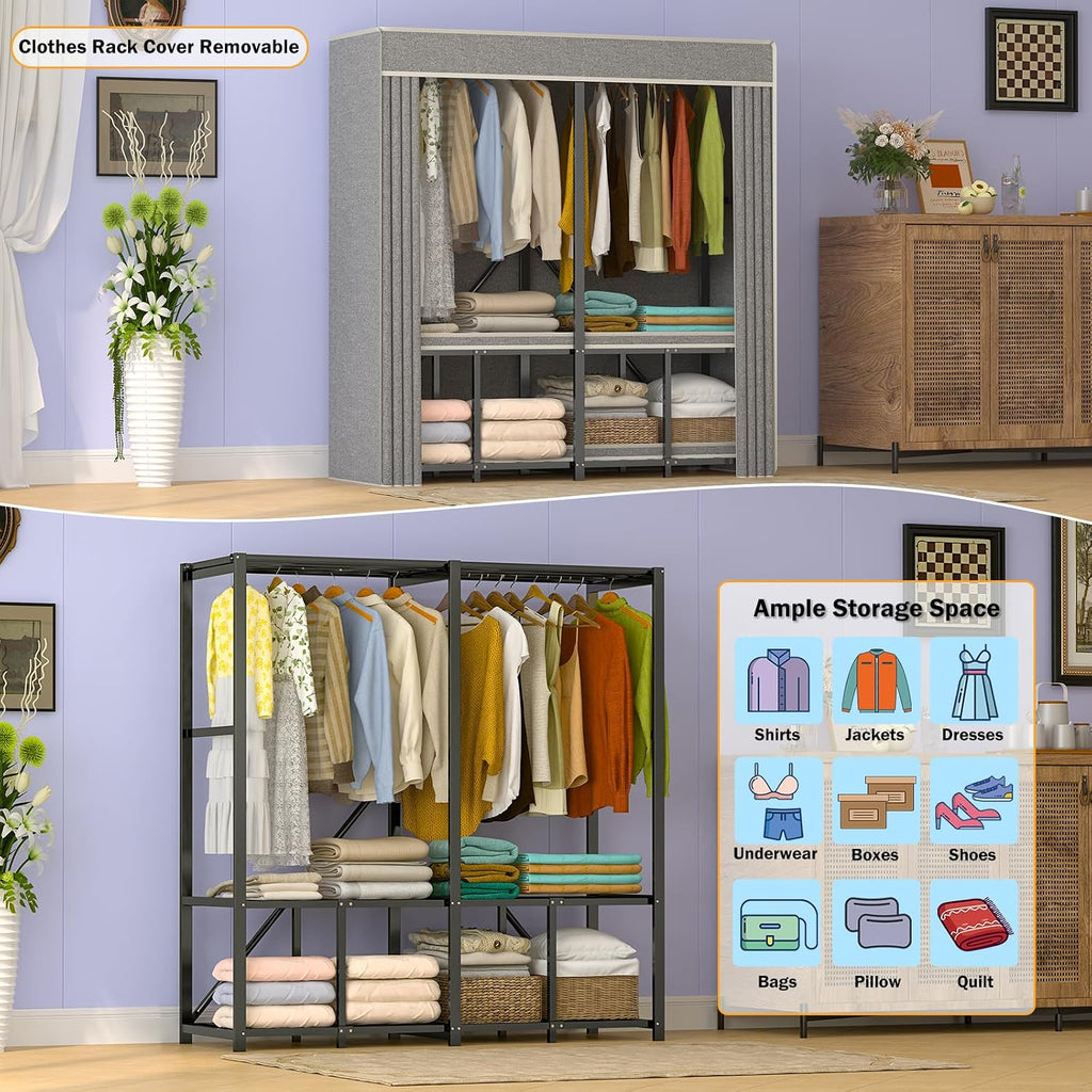 Heavy Duty Clothing Racks for Hanging Clothes with Cover, 95% Assembled Freestanding Foldable Portable Clothes Rack, 59'Lx70 H