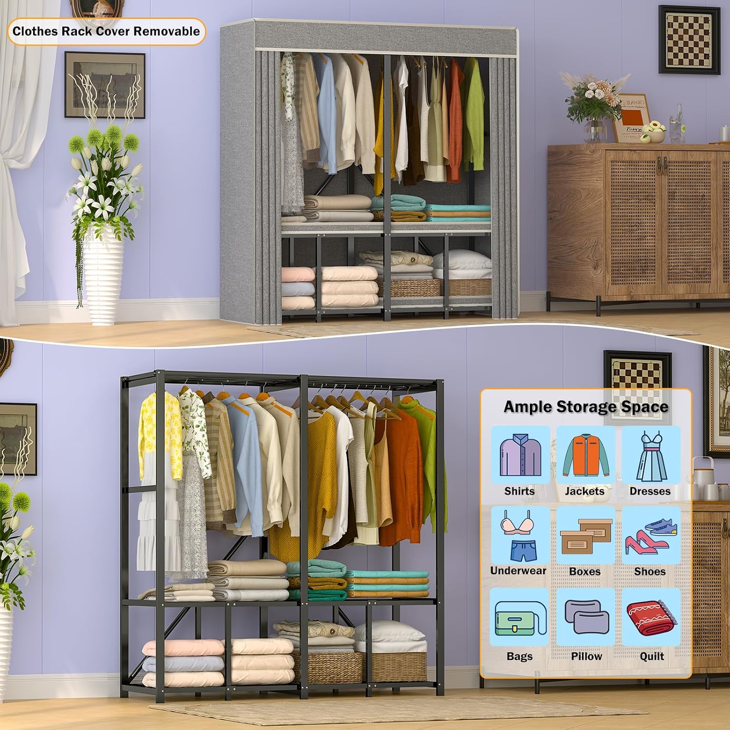 Heavy Duty Clothing Racks for Hanging Clothes with Cover, 95% Assembled Freestanding Foldable Portable Clothes Rack, 59'Lx70 H