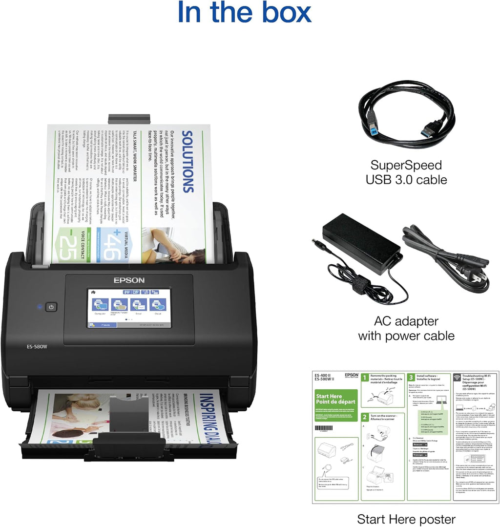 Epson Workforce ES-580W Wireless Color Duplex Desktop Document Scanner for Computers Including PC and Mac with 100 Sheet ADF Auto Feeder and Intuitive 4.3 in Touchscreen, Black