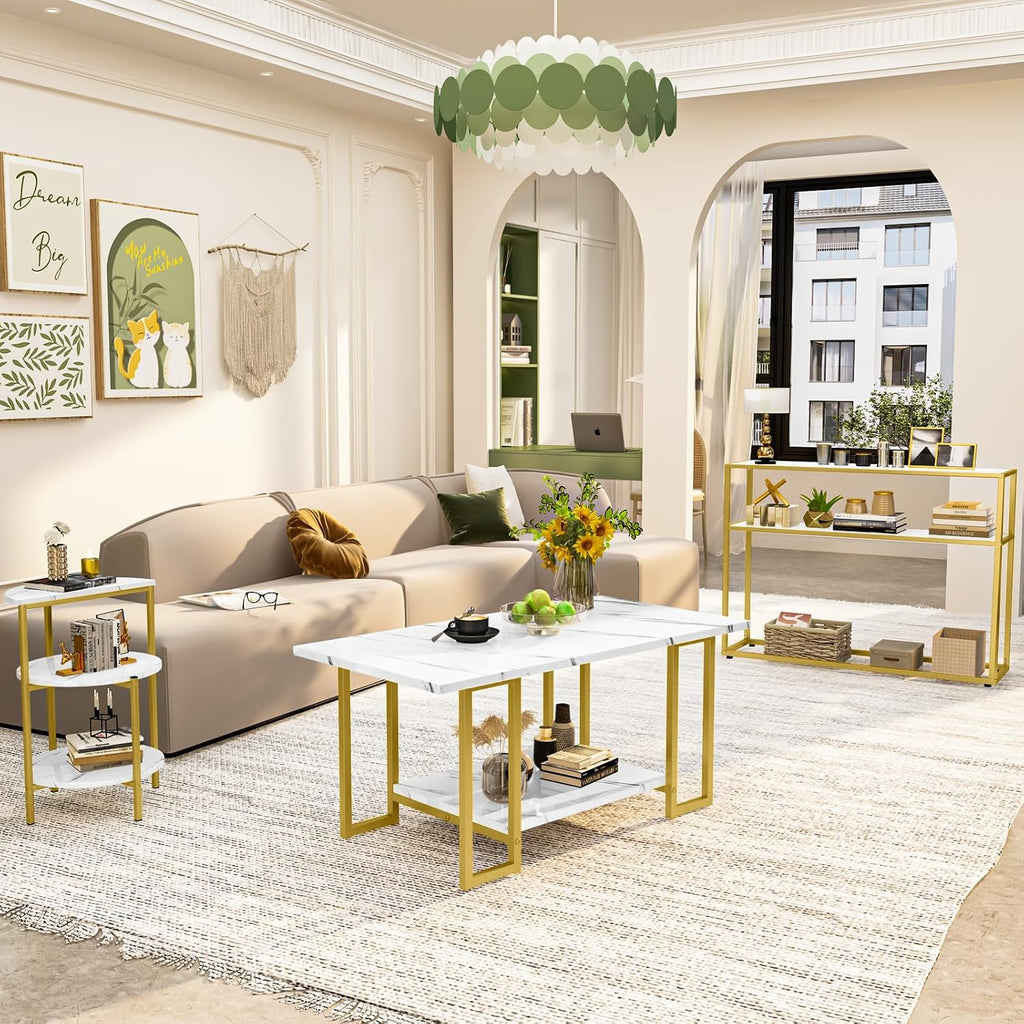 AWQM 3 Pieces Modern Coffee Set, with End Table and Console Table, Contemporary Faux Marble Living Room Table Sets, White&Gold