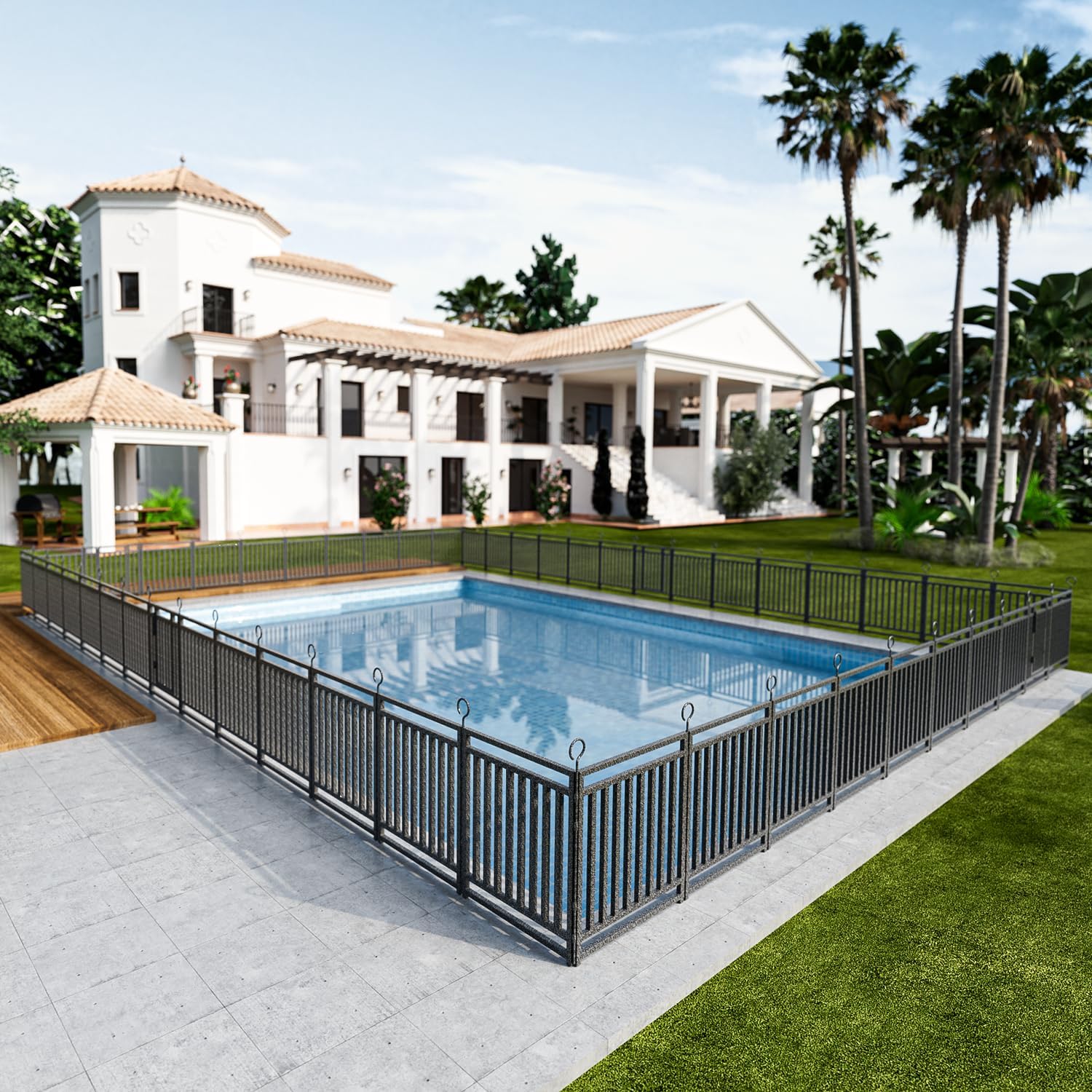 Metal Swimming Pool Fence 110ft (L) × 32in (H) with 42 Panels & 6 Gates, Pool Safety Fence, Barrier with Reinforced Stakes, Compatible with Patios & Gardens, Black-Silver