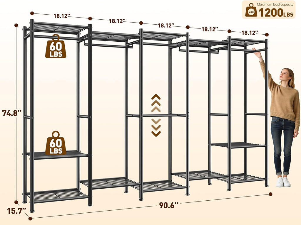 Raybee Clothes Rack, Extra Large Clothing Rack with 6 Rods & 12 Shelves, Heavy Duty Portable Closets for Hanging Clothes, Freestanding Closet Rack, Metal Garment Rack for Bedroom, Load 1200 lbs, Black