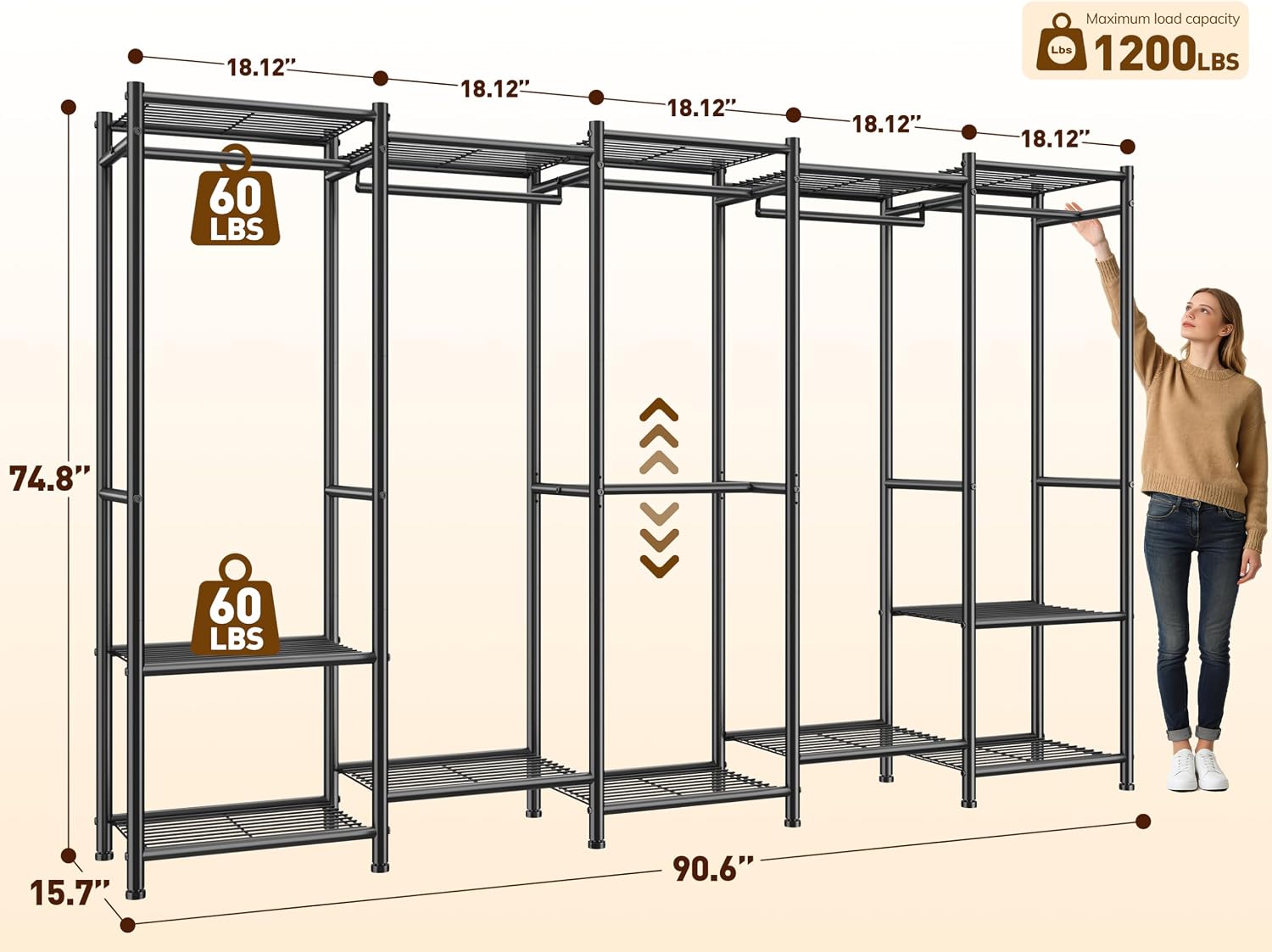 Raybee Clothes Rack, Extra Large Clothing Rack with 6 Rods & 12 Shelves, Heavy Duty Portable Closets for Hanging Clothes, Freestanding Closet Rack, Metal Garment Rack for Bedroom, Load 1200 lbs, Black