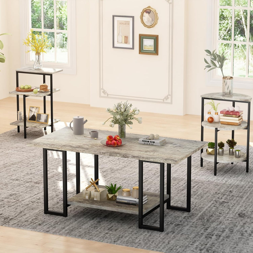 AWQM Faux Marble Table Set, Coffee Table & 2 Side Table, Faux Marble Tabletop and Metal Frame, 3 PieceTable Sets, for Living Room Apartment, Grey