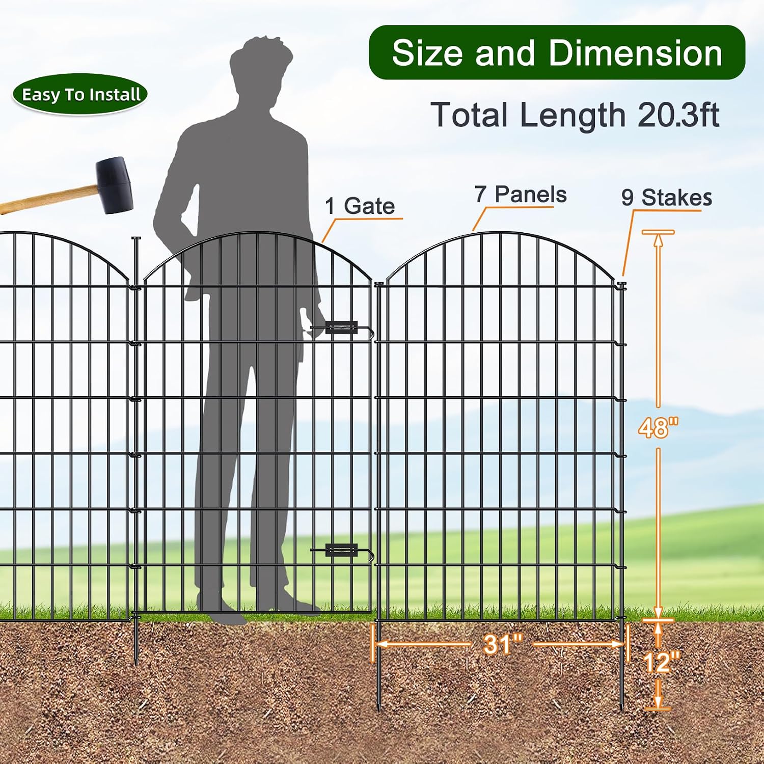 FOREHOGAR Metal Garden Fence with Gate 48in (H) x 20.3ft (L), 1 Gate+ 7 Panels Dog Fences Border Fence Animal Barrier, No Dig Garden Fencing for Yard Flower Bed Lawn Patio Outdoor, ECG4808G, Black