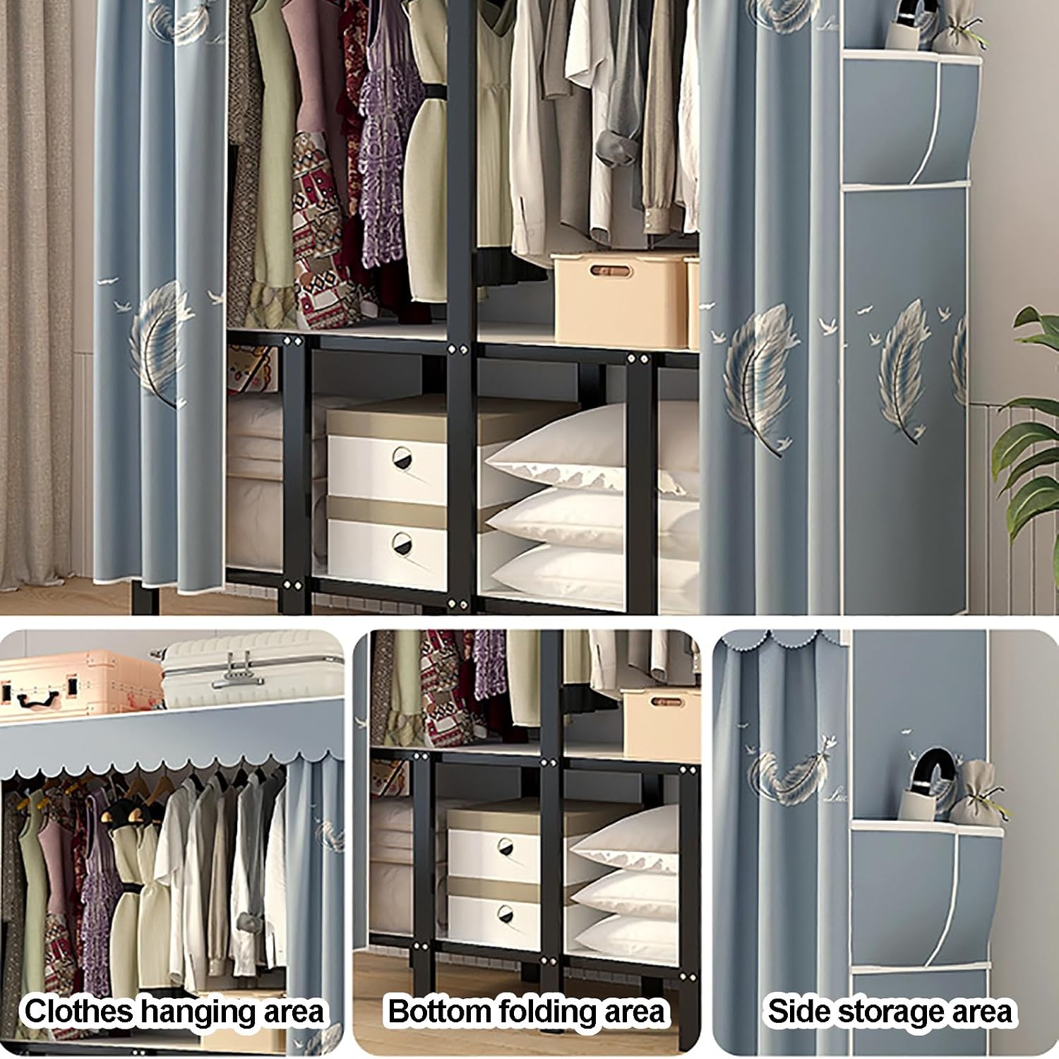 Heavy Duty Portable Closet With Cover, Wardrobe Closet, Foldable Covered Clothes Rack For Hanging, Garment Rack With Cover, Freestanding Storage(Blue2,130cm/51.2inch)
