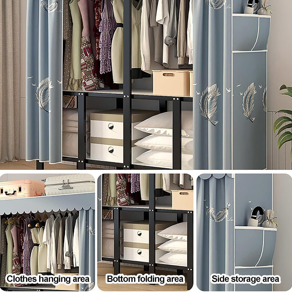 Heavy Duty Portable Closet With Cover, Wardrobe Closet, Foldable Covered Clothes Rack For Hanging, Garment Rack With Cover, Freestanding Storage(Blue2,145cm/57.1inch)