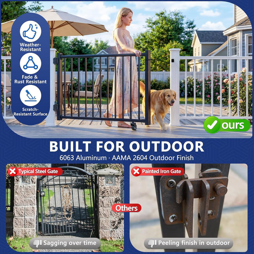 5ft Aluminum Deck Gate 36in H with Support Wheel, Cuttable Railing Gate Kit with Latch & Auto-Close Hinges, AAMA 2604 Textured Black Outdoor Gate for Deck, Porch, Patio