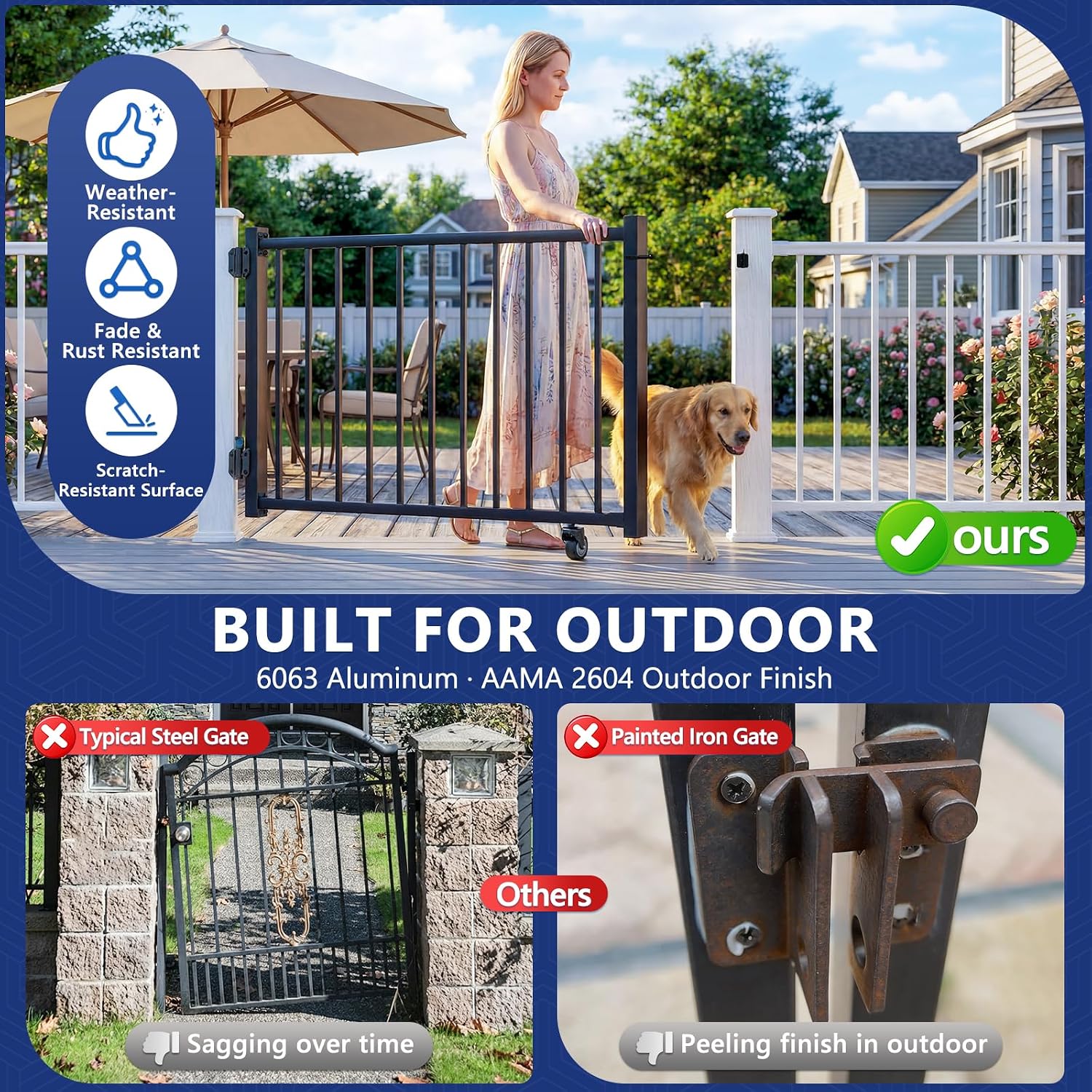 5ft Aluminum Deck Gate 36in H with Support Wheel, Cuttable Railing Gate Kit with Latch & Auto-Close Hinges, AAMA 2604 Textured Black Outdoor Gate for Deck, Porch, Patio