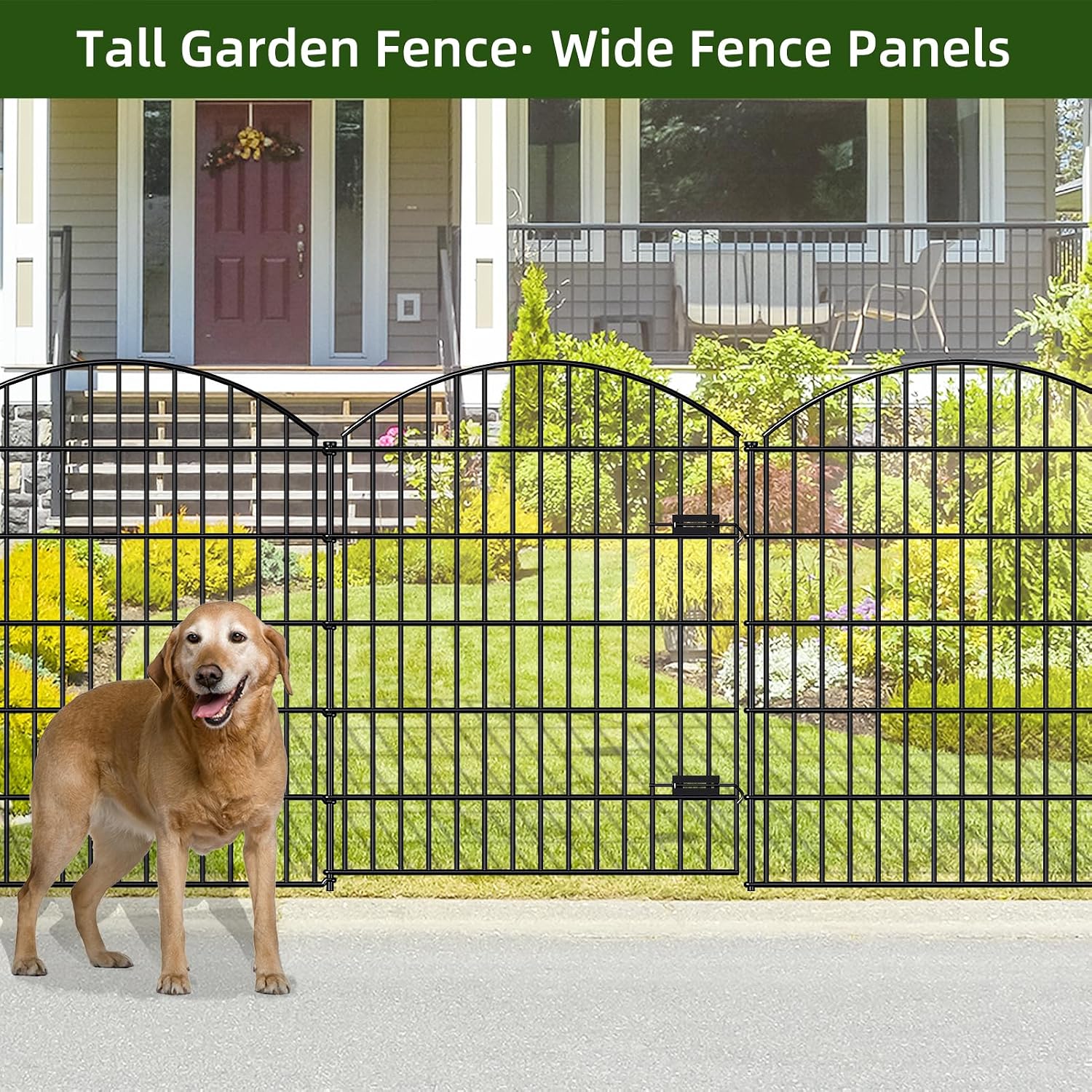 FOREHOGAR Heavy Duty Metal Garden Fences with Gate ECG1191, 1 Gate + 4 Fence Panels, 43.2in Tall and Total Length 14.75ft, Fencing for Dogs Animal Barrier Temporary Yard Border Outdoor, Black