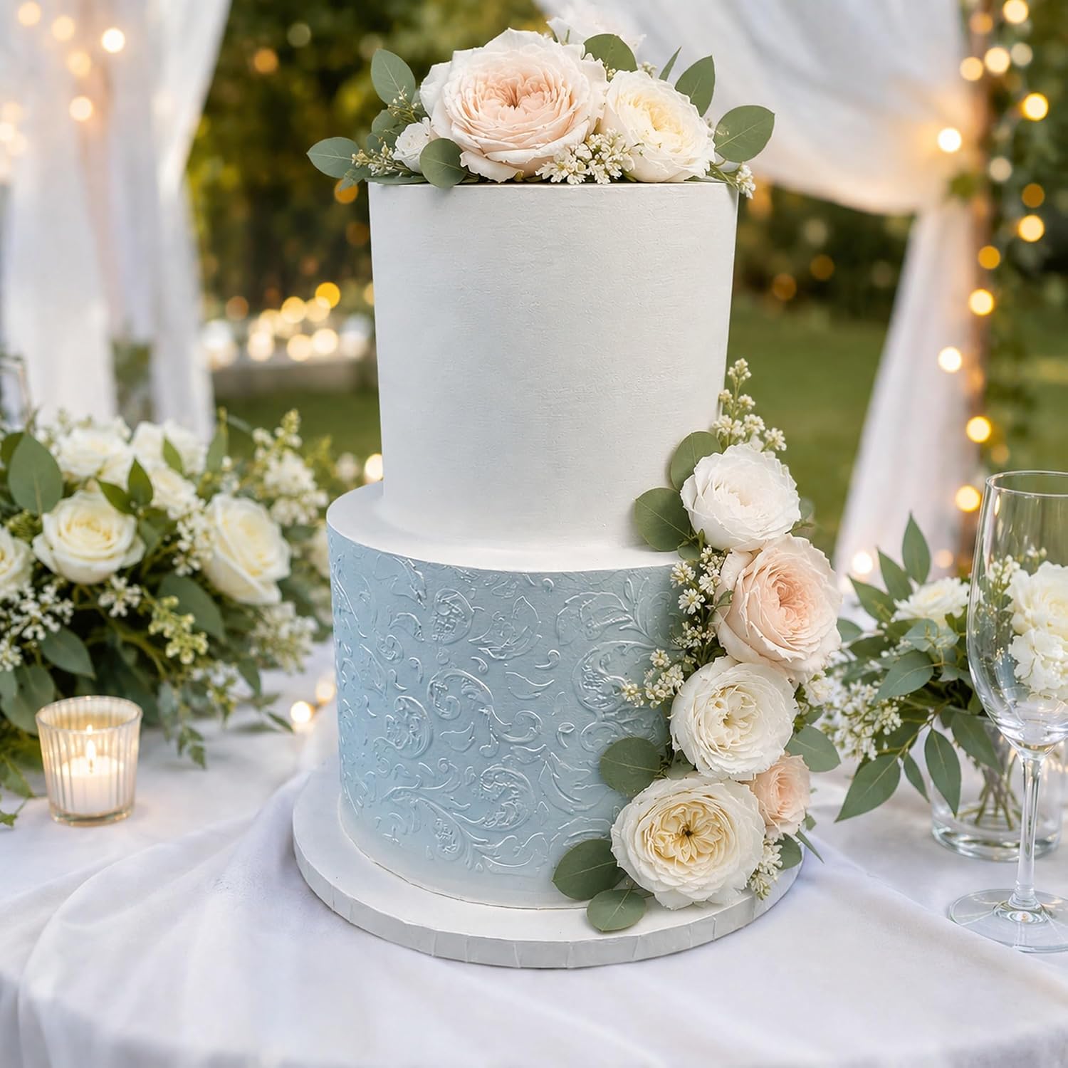 FromJennWithLove 2 Tier Fake Wedding Cake with Stencil Texture, 12' Tall Handcrafted Ivory Display Cake – 4-Day Artisan Process, Made in USA – Reusable for Weddings & Events