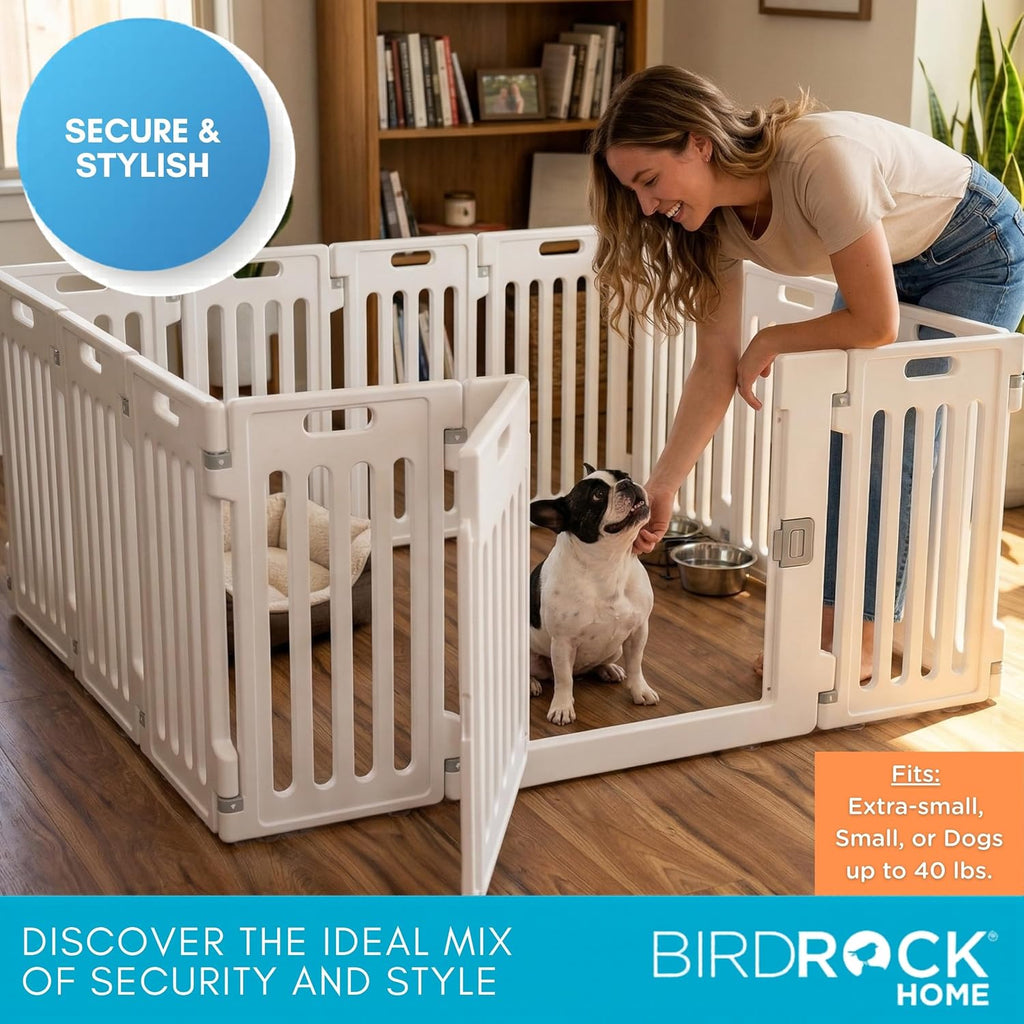 BIRDROCK HOME Pet Playpen with Door | 12 Panel | Strong Plastic | Puppy Safety Fence Pen Playpen | Non-Slip and Secure Dog Gate | White