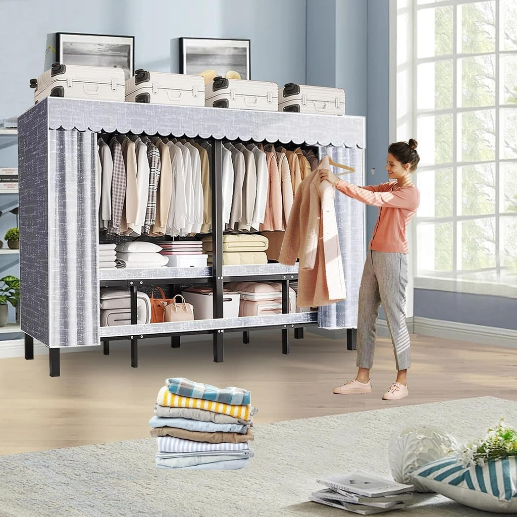 Wardrobe Closet - Collapsible Heavy Duty Portable Closet Wardrobe Clothes Rack With Cover, 1200Ibs Freestanding Metal Clothing Rack, With 2 Hang Rods, 4 Shelves Adjustable Closet Rack(125*52*180cm)