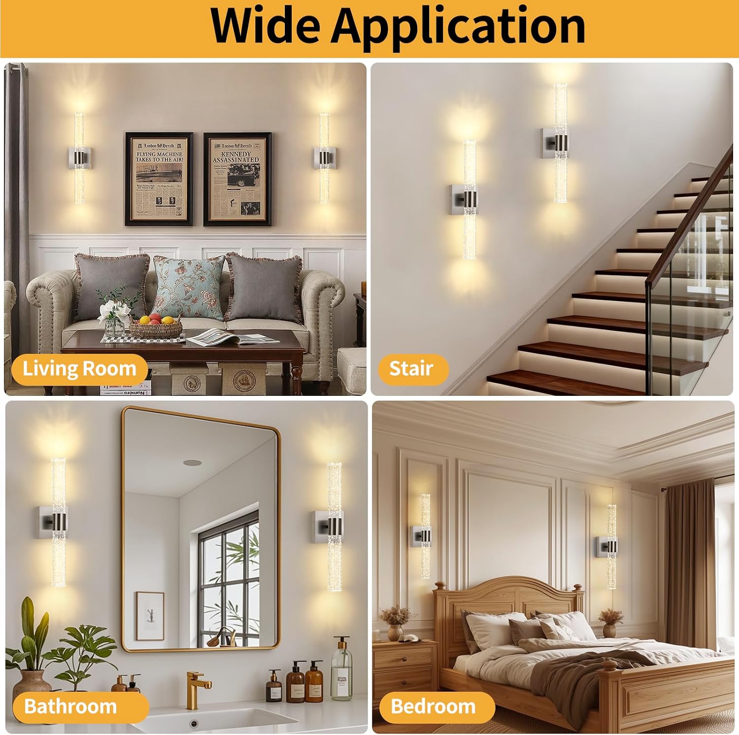 Modern Wall Sconces Set of Two in Brushed Nickel Finish 18 Inch 3000K-6000K Led Bathroom Sconce Lights Indoor Hardwired Wall Lamp for Bedroom Living Room Hallway, 12W