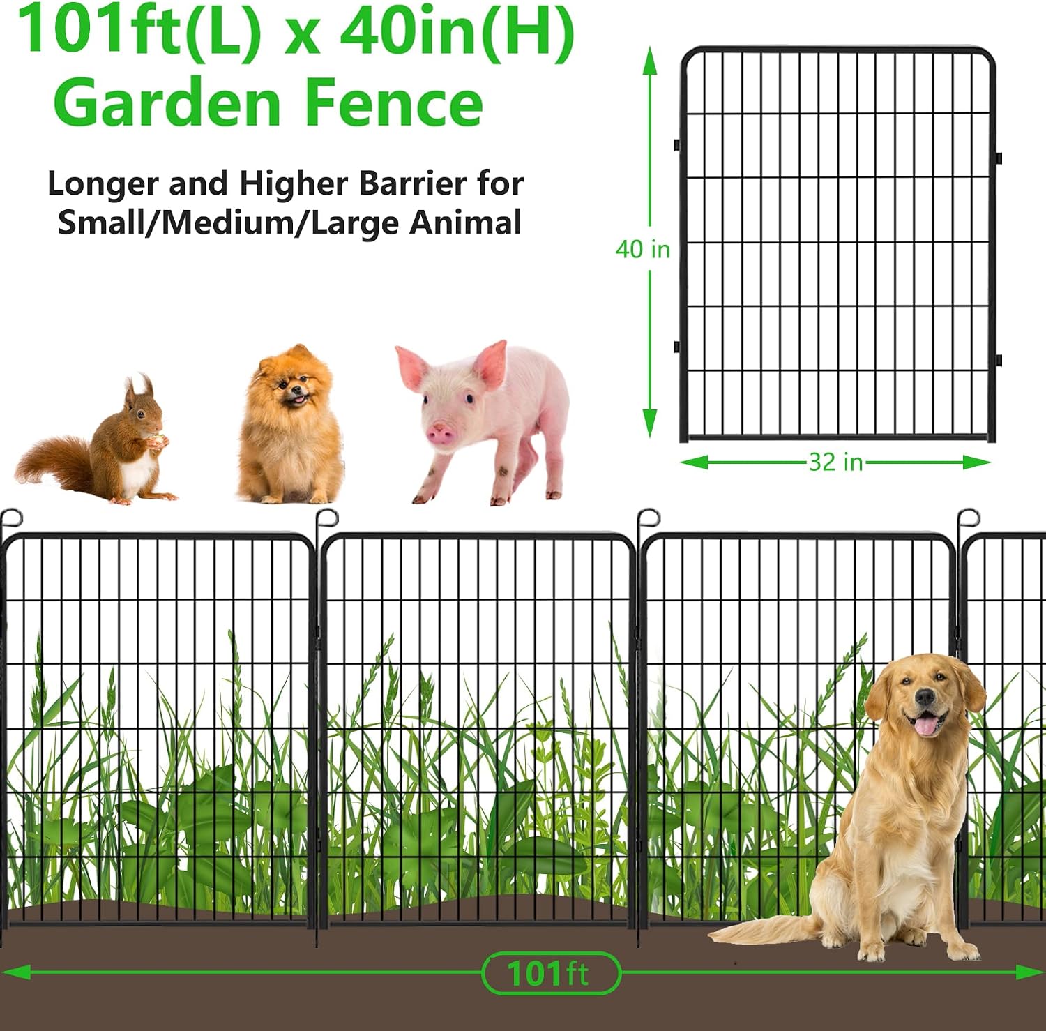 No Dig Decorative Garden Fence with Gate Rustproof Metal Fence Panels, 40in(H) x 101Ft(L) Garden Fencing for Yard 38 Panels Animal Barrier Fence for Dogs, Rabbit, Patio