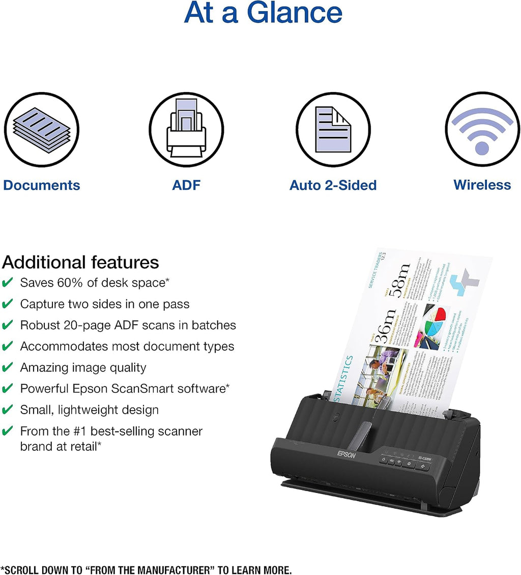 Epson Workforce ES-C320W - Wireless Compact Desktop Document Scanner - 2-Sided Scanning Auto Doc Feeder - Can Scan Paper and Cards - Black
