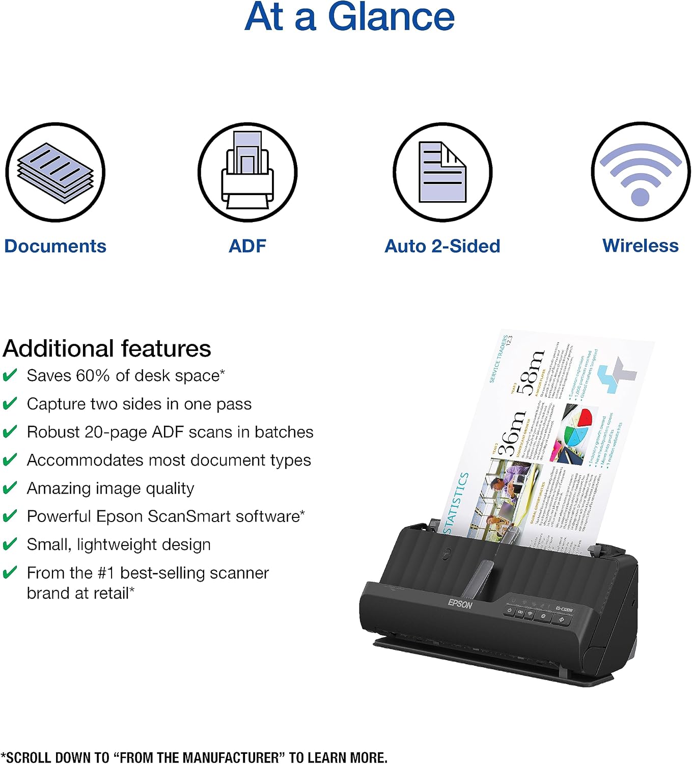 Epson Workforce ES-C320W - Wireless Compact Desktop Document Scanner - 2-Sided Scanning Auto Doc Feeder - Can Scan Paper and Cards - Black