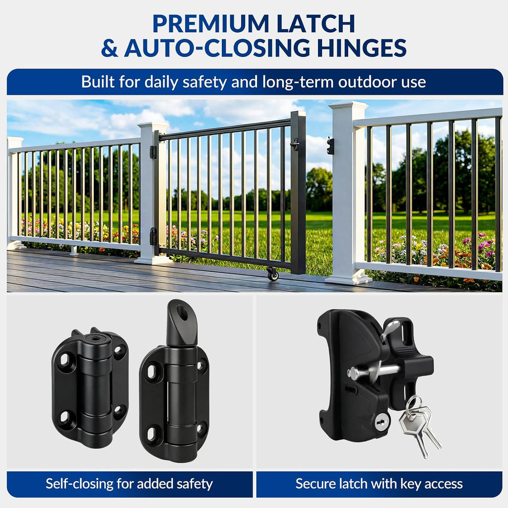 Egadis 35in. H x 5ft. W Aluminum Deck Gate Kit with Caster, Hinges & Lock — Cuttable AAMA2604 Black Textured Powder-Coated Outdoor Fence Gate for Decks, Patios, Backyards, Porches