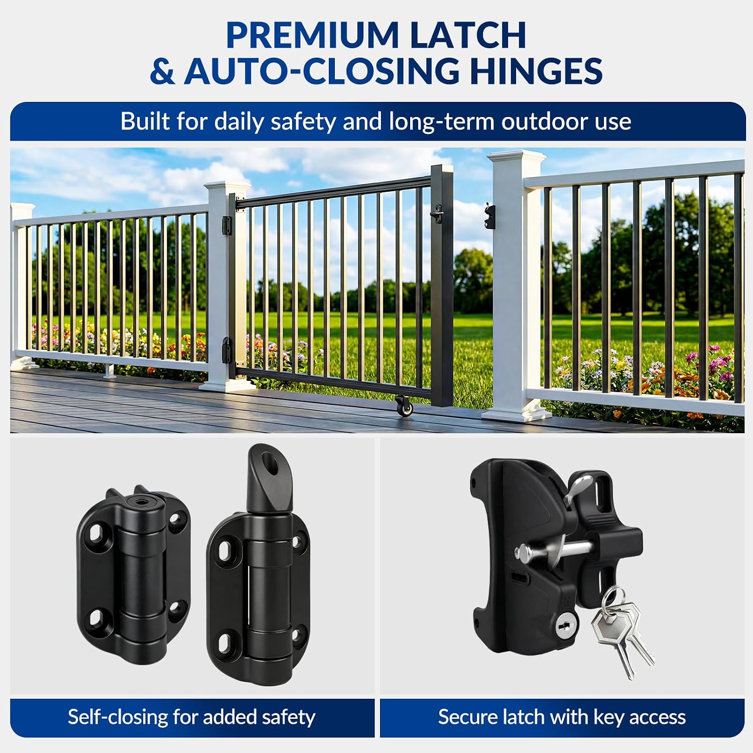 Egadis 35in. H x 5ft. W Aluminum Deck Gate Kit with Caster, Hinges & Lock — Cuttable AAMA2604 Black Textured Powder-Coated Outdoor Fence Gate for Decks, Patios, Backyards, Porches
