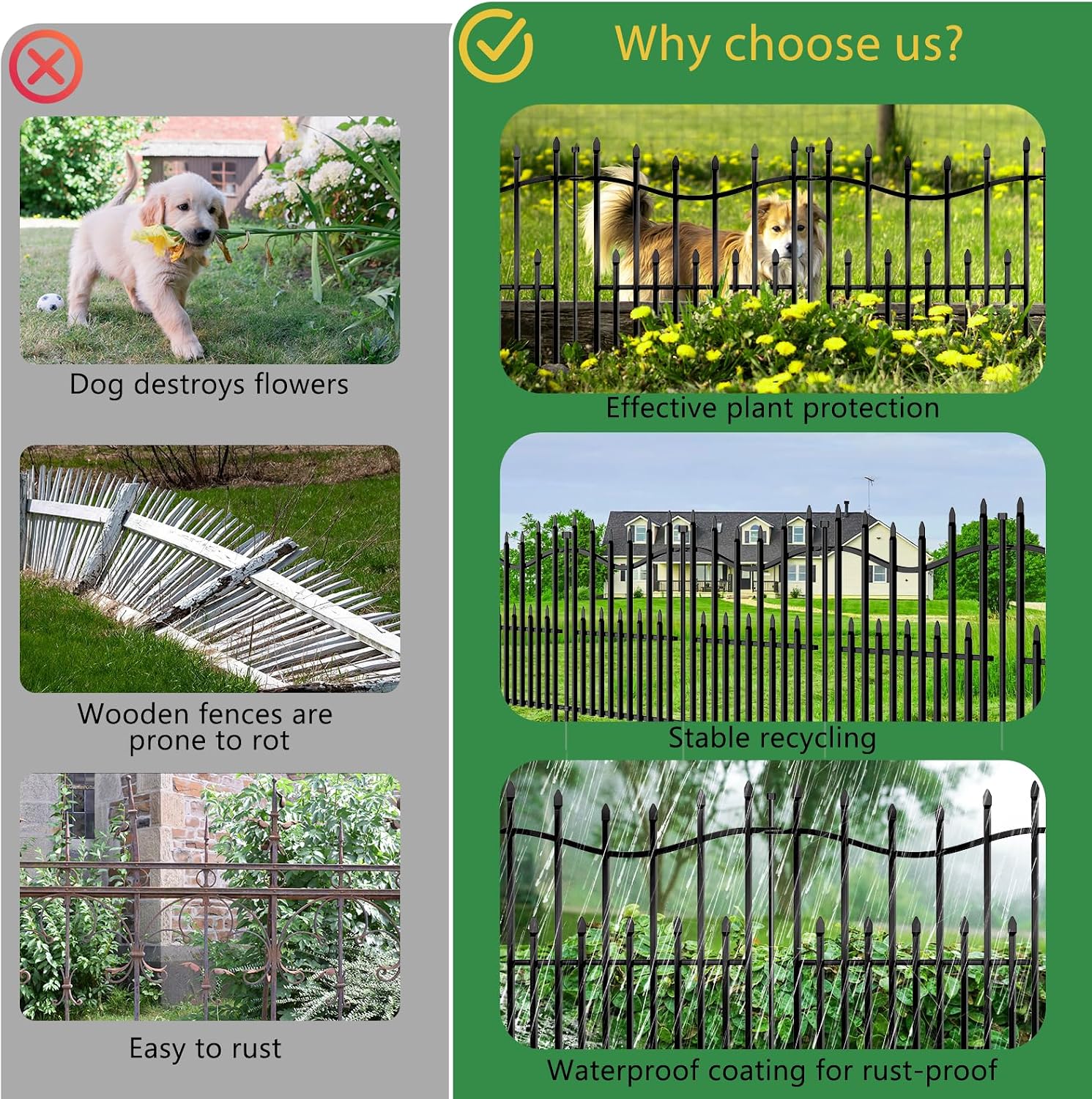 8 Panels No Dig Decorative Garden Fence, 40in(H)×17.6ft(L) Heavy-Duty Rustproof Metal Panels, Outdoor Dog Barrier for Yard & Patio, Landscape, Border| Portable Temporary Fencing