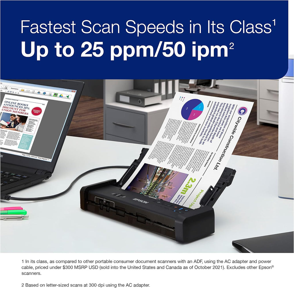 Epson Workforce ES-200 Color Portable Document Scanner with ADF for PC and Mac Sheet-fed, Duplex Scanning,Black