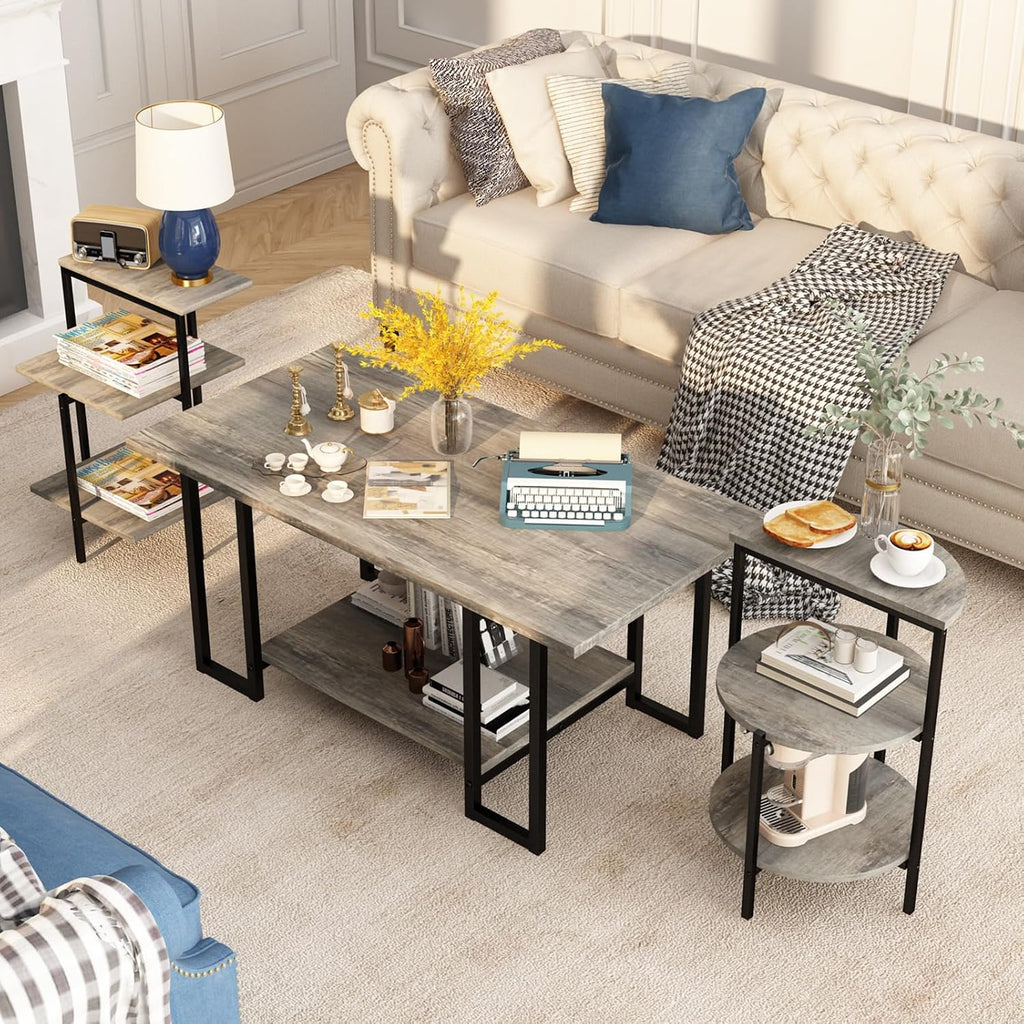 AWQM Faux Marble Table Set, Coffee Table & 2 Side Table, Faux Marble Tabletop and Metal Frame, 3 PieceTable Sets, for Living Room Apartment, Grey
