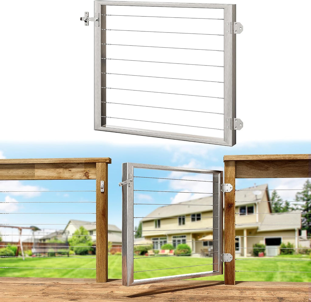 Outdoor Gate Integrated Welding Cable Railing Gate for Wood Metal Cable Railing System Stainless Steel Fence Gate (Left Hand in Swing, Slivery)