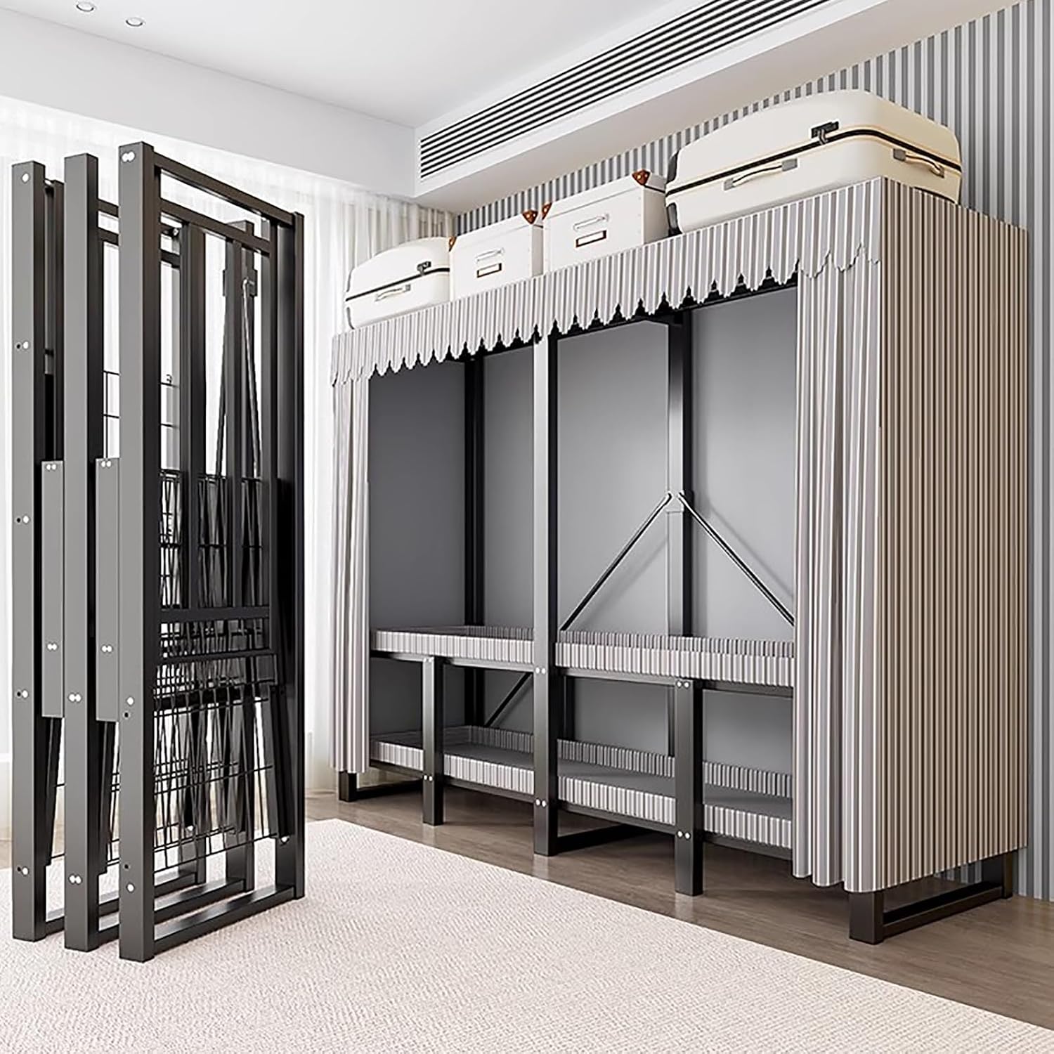 67 in Heavy Duty Wardrobe Foldable, Folding Garment Racks with Cover, Clothes Rack for Hanging Clothes, Steel Storage Organizer, Portable Closet for Bedroom(170cm/66.9in)