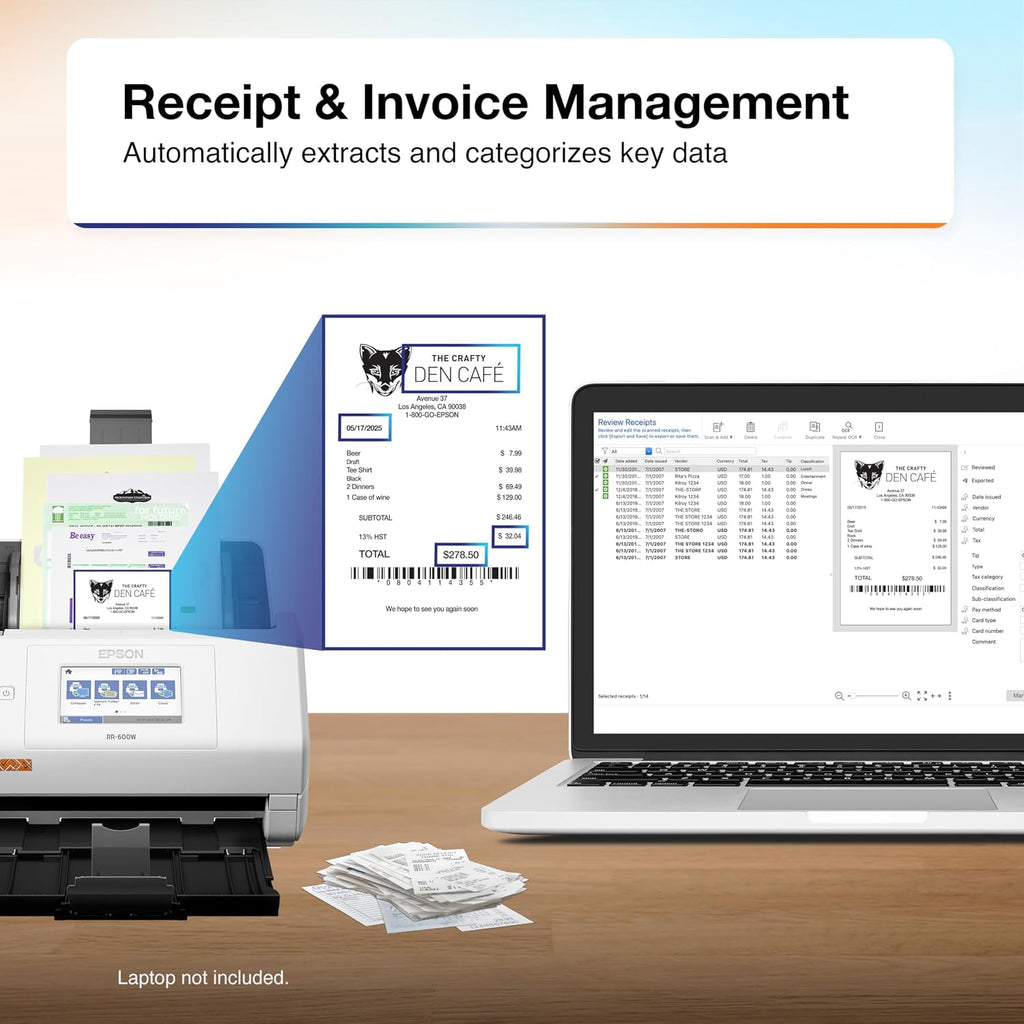Epson RapidReceipt RR-600W Wireless Desktop Color Two-Sided Receipt and Document Scanner with ScanSmart AI PRO Receipt Management and PDF Software for PC and Mac, Touchscreen and 100 Page ADF