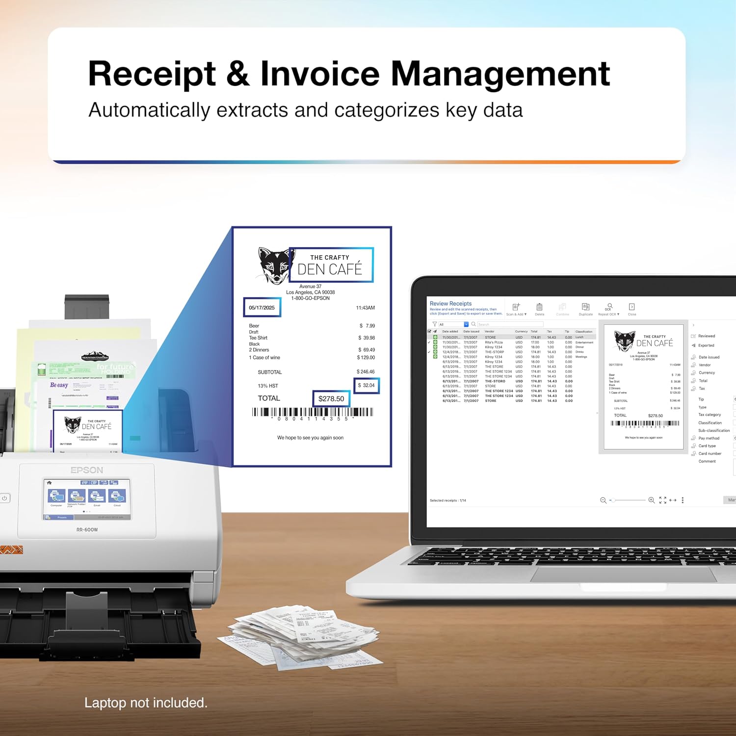 Epson RapidReceipt RR-600W Wireless Desktop Color Two-Sided Receipt and Document Scanner with ScanSmart AI PRO Receipt Management and PDF Software for PC and Mac, Touchscreen and 100 Page ADF