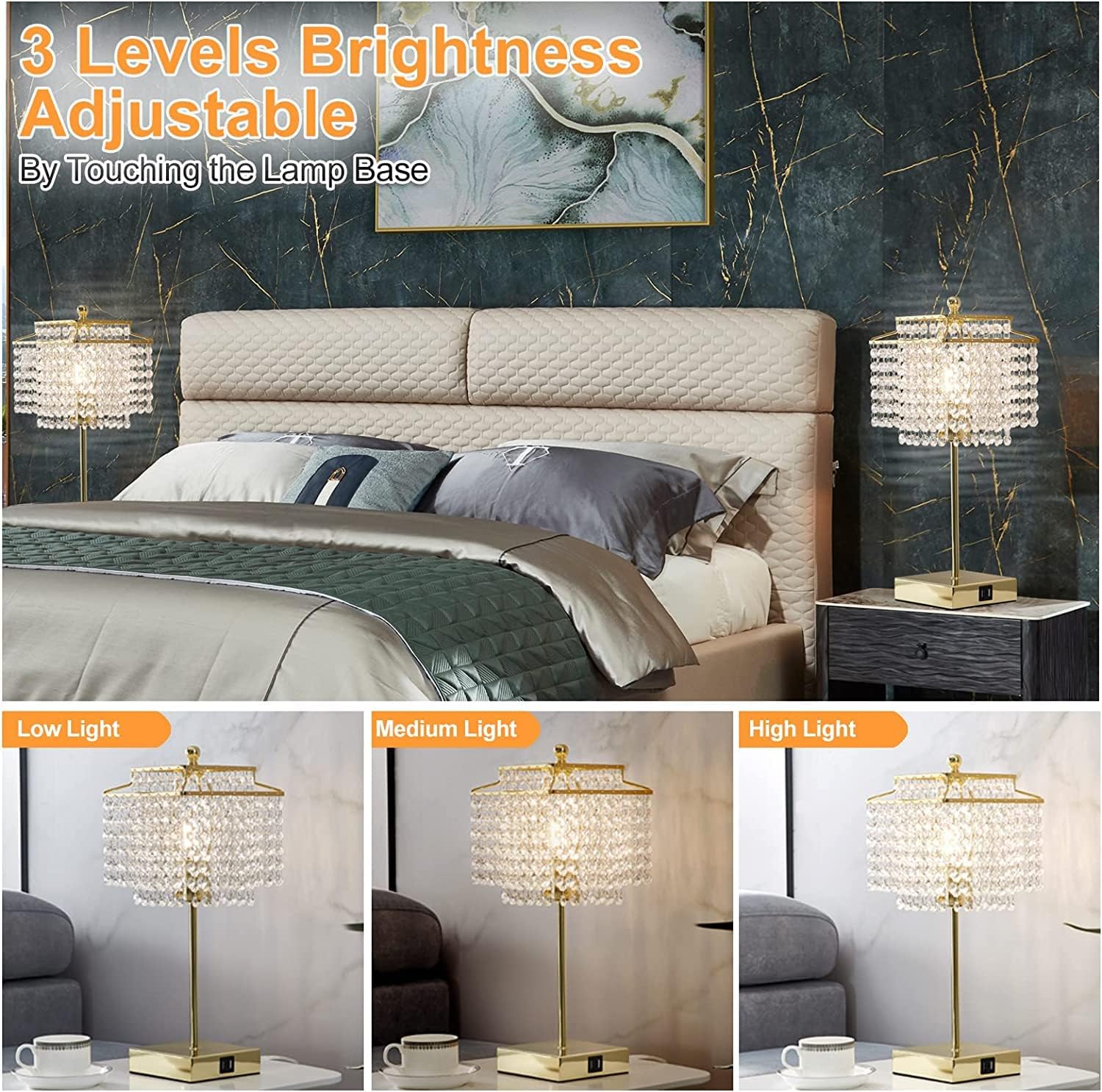 Luvkczc Tables Lamp and Floor Lamp Set, Crystal Table Lamp with USB Ports+Crystal Floor Lamps Set of 2, Morden Lamps for Living Room, Bedroom, Office (Gold)