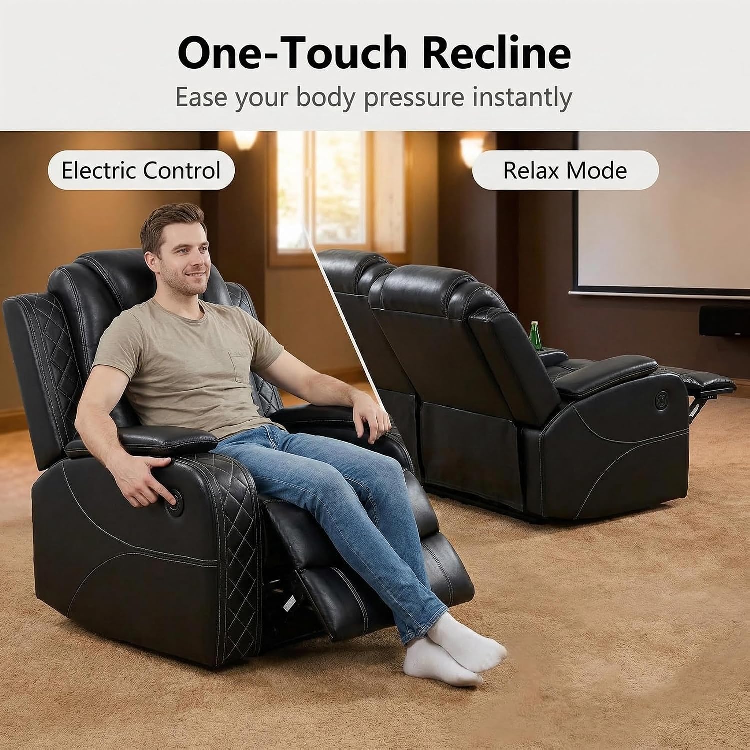 Pon Living Luxurious Leather Reclining Sofa Set with LED, Power Recliner Sofa Set, Living Room Furniture Sets with Cup Holders/USB Port & Storage Consoles for House/Home Theater