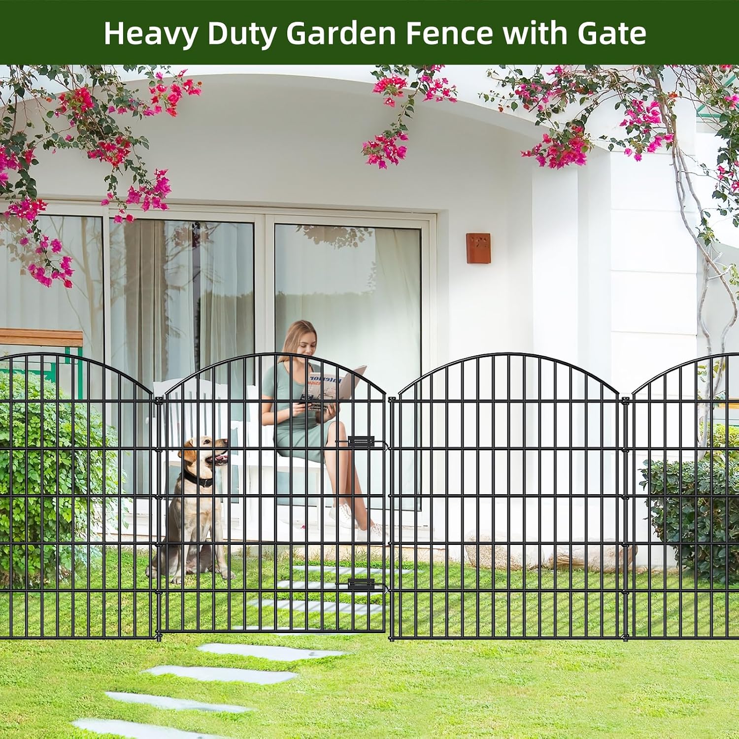 FOREHOGAR Heavy Duty Metal Garden Fences with Gate ECG1191, 1 Gate + 4 Fence Panels, 43.2in Tall and Total Length 14.75ft, Fencing for Dogs Animal Barrier Temporary Yard Border Outdoor, Black