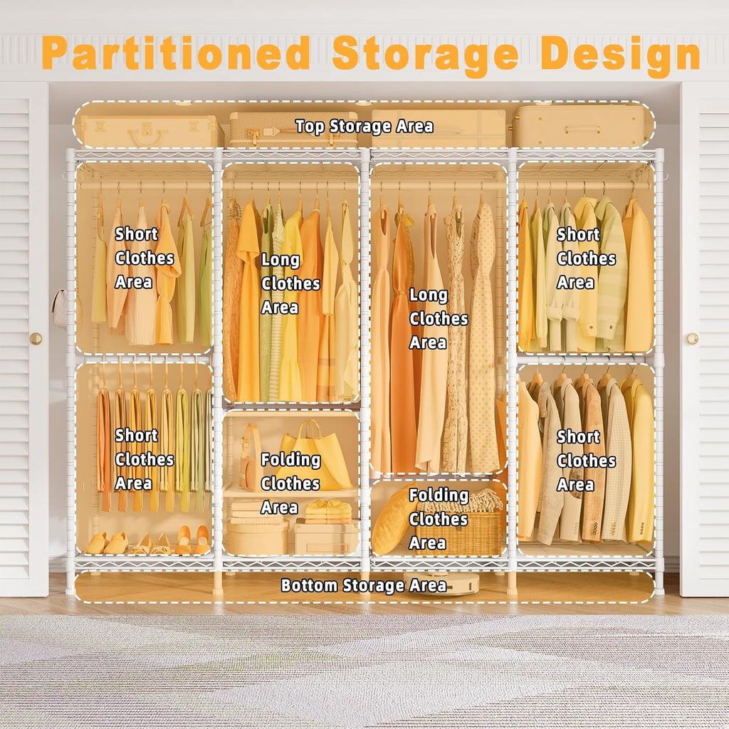 ULIFHOME H41 Garment Rack Heavy Duty Clothes Rack, Clothing Racks for Hanging Clothes, Extra Large Freestanding Portable Closet Wardrobe Rack 78.5'' W × 15.8'' D × 76.4'' H, Max Load 1150 Lbs, White