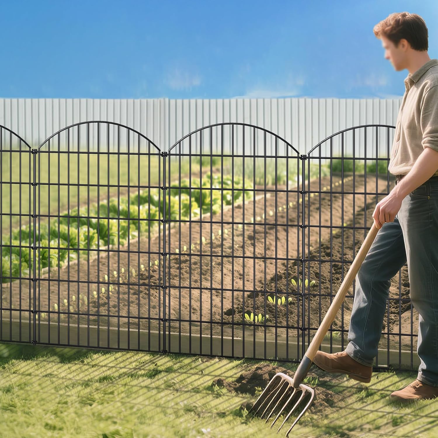 FOREHOGAR Metal Garden Fence 48in (H) x 20.3ft (L), 8 Panels + 9 Stakes Dog Fence Border Fence Animal Barrier, No Dig Garden Fencing for Yard Flower Bed Lawn Patio Outdoor, CTW4808 Black