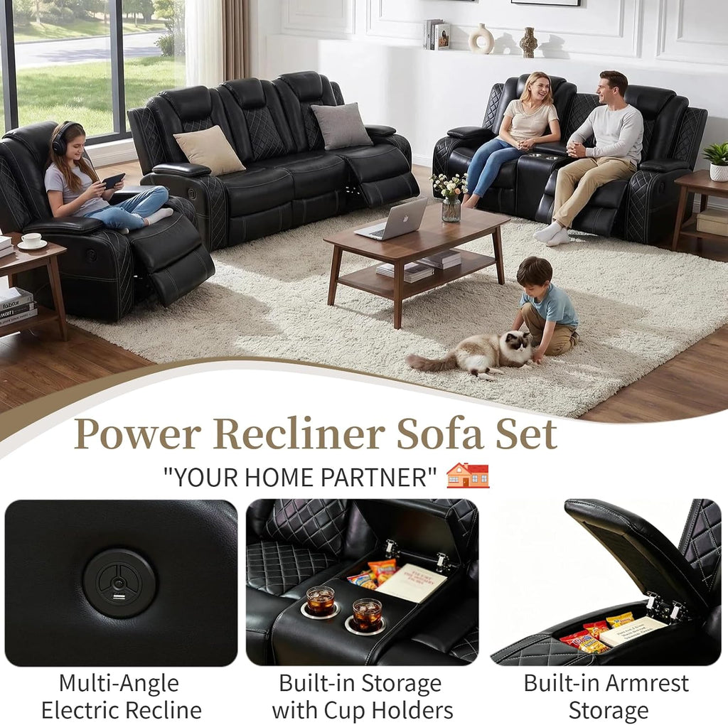Pon Living Luxurious Leather Reclining Sofa Set with LED, Power Recliner Sofa Set, Living Room Furniture Sets with Cup Holders/USB Port & Storage Consoles for House/Home Theater
