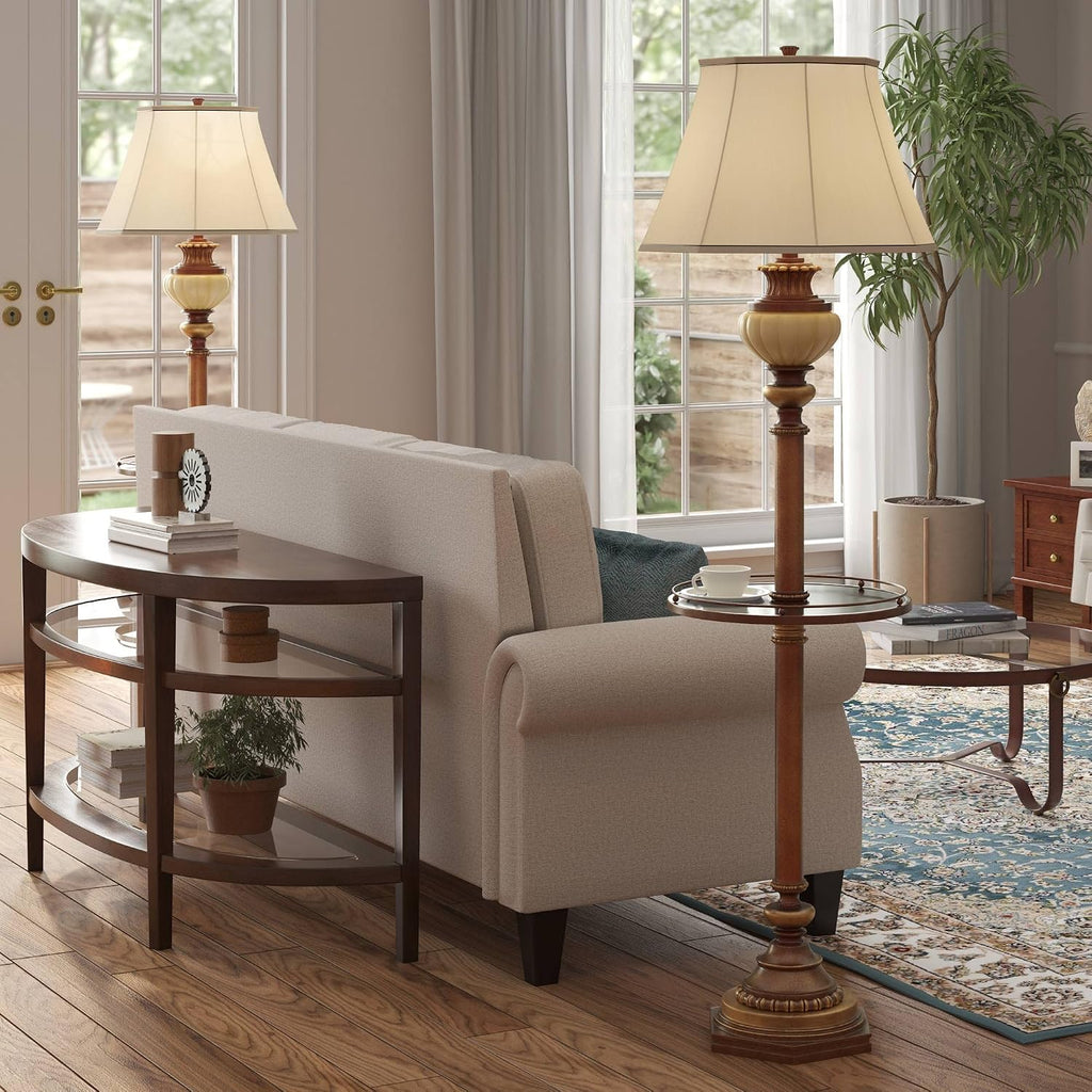 Kathy Ireland Hyde Park Rustic Vintage Floor Lamps Set of 2 with Nightlight Glass Tray 65' Tall Bronze Gold Pearl White Frosted Glass Fabric Bell Shade for Living Room Reading House Bedroom