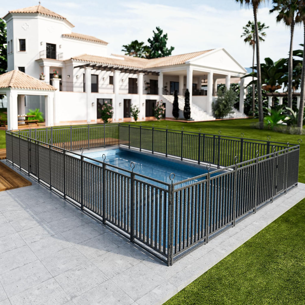 Metal Swimming Pool Fence 72ft (L) × 40in (H) with 28 Panels & 4 Gates, in Ground Pool Safety Fence, Protective Barrier with Reinforced Stakes, Compatible with Patios & Gardens, Black-Silver